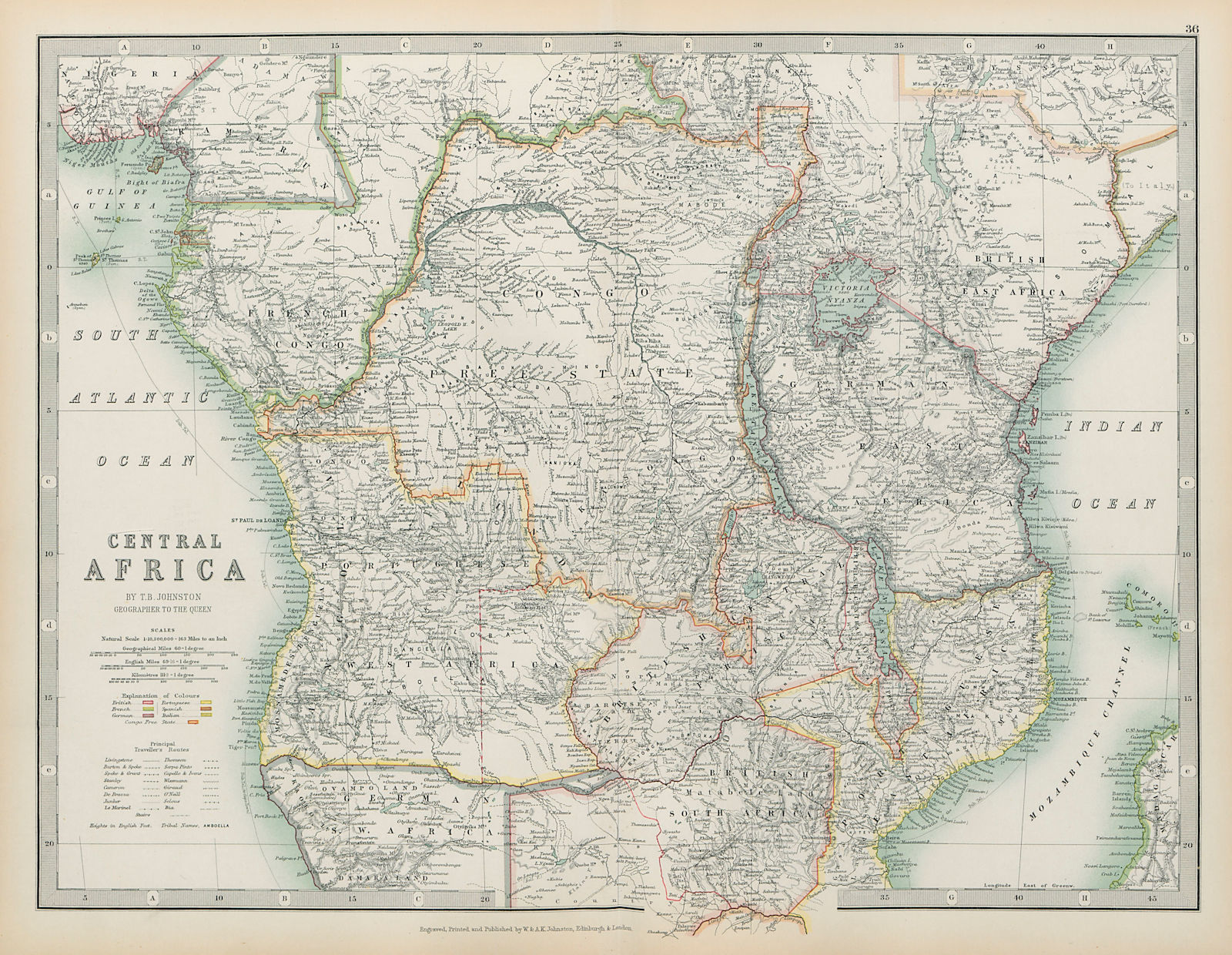 COLONIAL CENTRAL AFRICA shows explorers routes & tribal names JOHNSTON 1901 map