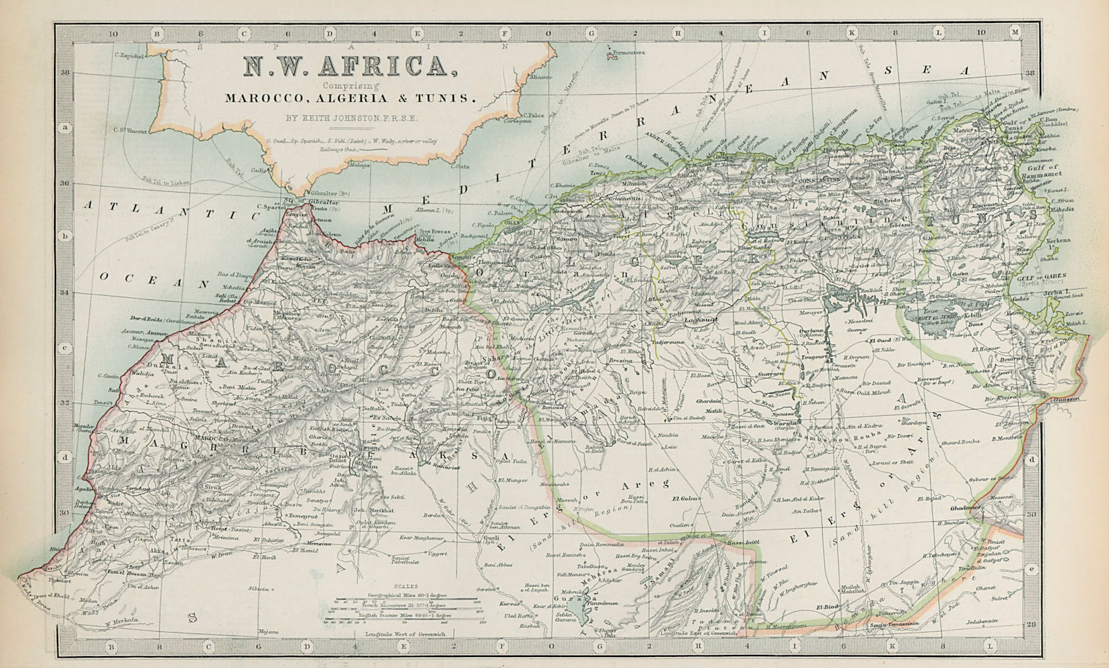 NORTH WEST AFRICA Maghreb Morocco Tunisia Algeria JOHNSTON 1901 old map
