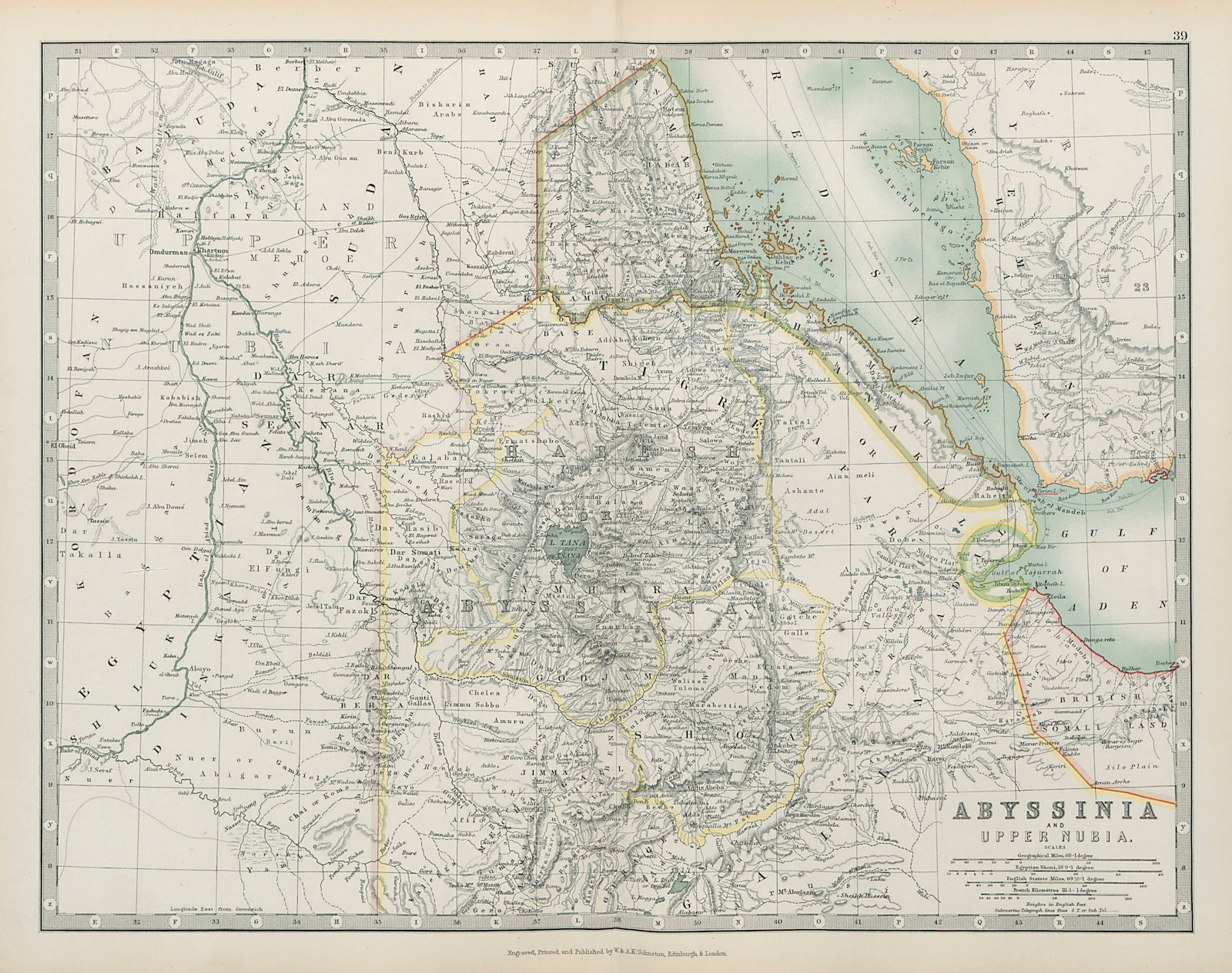 ETHIOPIA Abyssinia Upper Nubia Italian Eritrea JOHNSTON 1901 old antique map