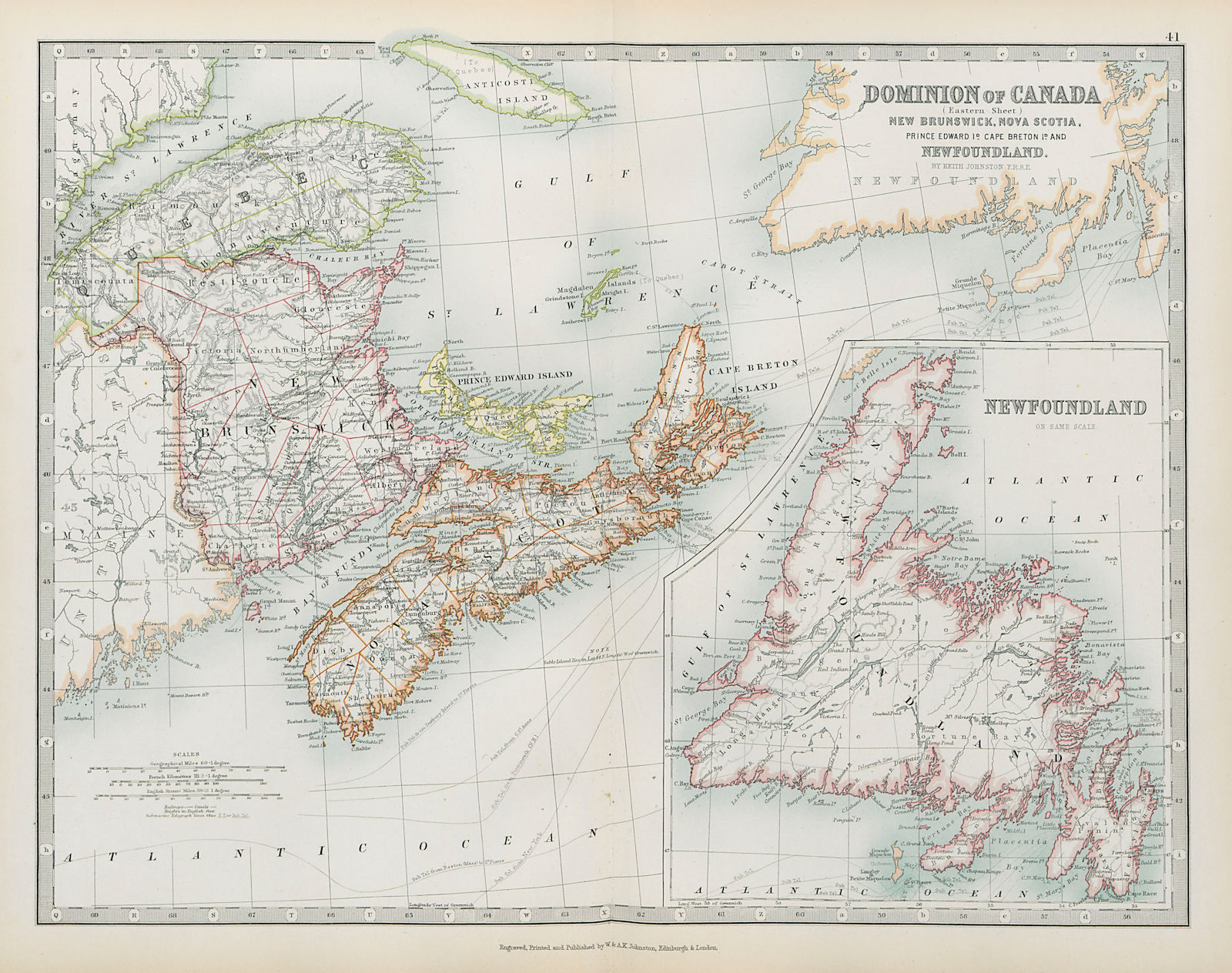 CANADA MARITIME PROVINCES NB NS Prince Edward I Newfoundland JOHNSTON 1901 map