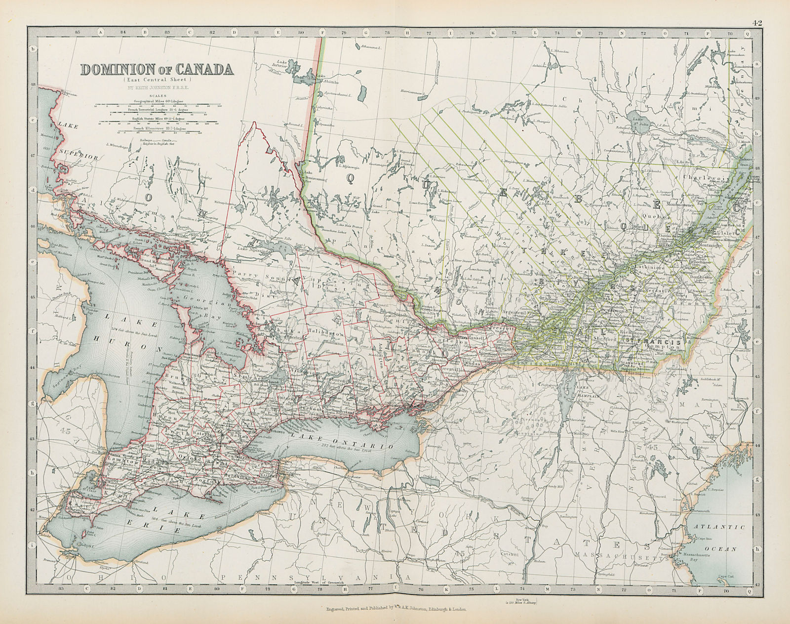 Associate Product DOMINION OF CANADA Ontario & Quebec showing counties JOHNSTON 1901 old map