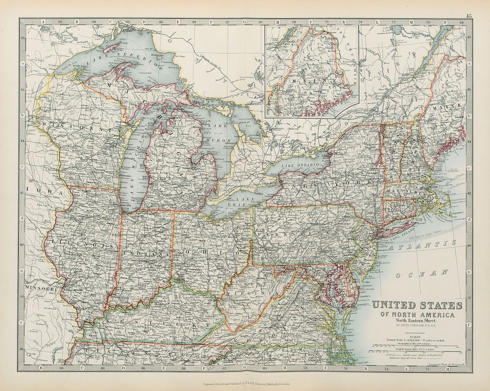Associate Product USA NORTH EAST New England Mid West Mid Atlantic JOHNSTON 1901 old antique map