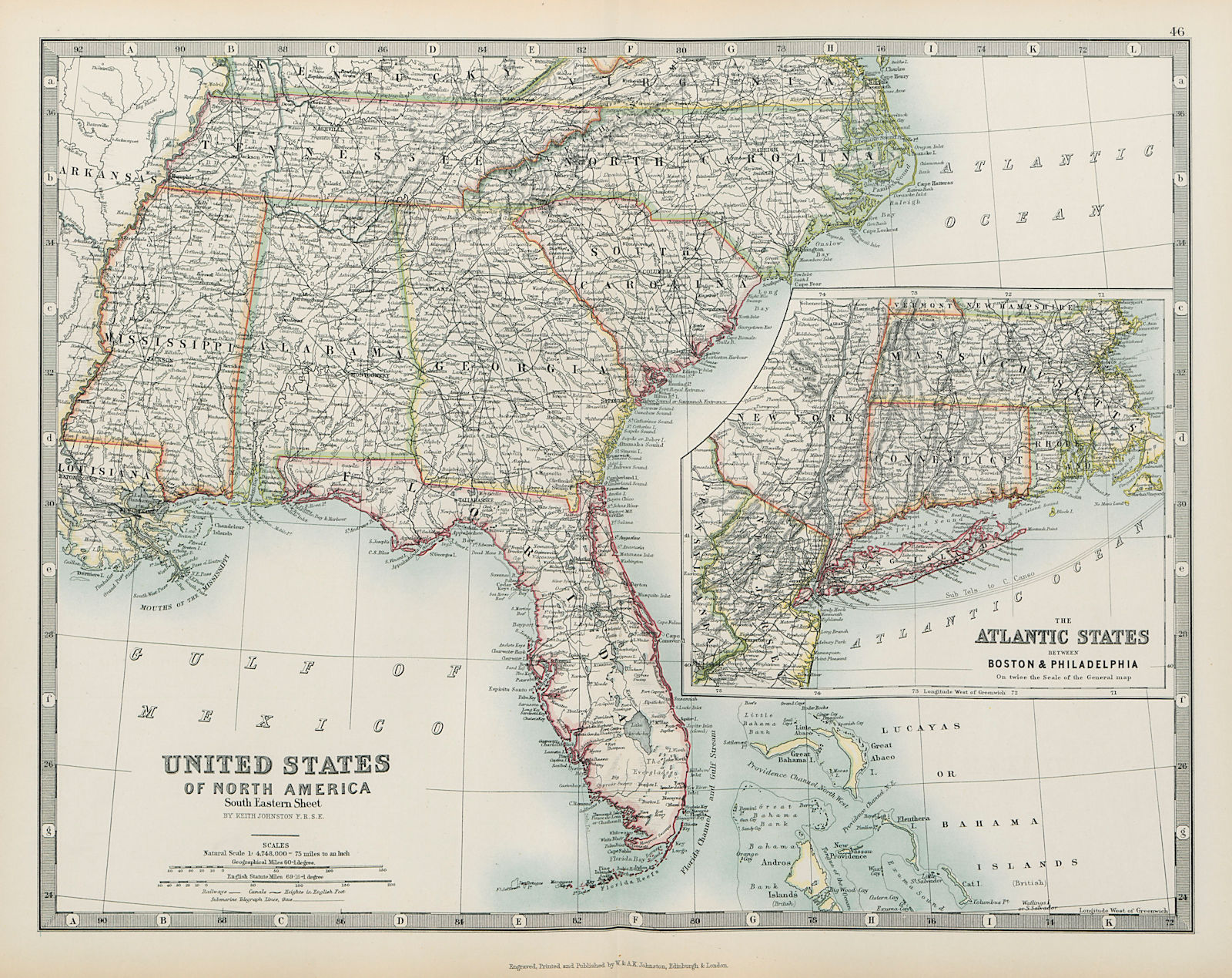 USA SOUTH EAST/ATLANTIC STATES Carolinas Florida Georgia &c JOHNSTON 1901 map