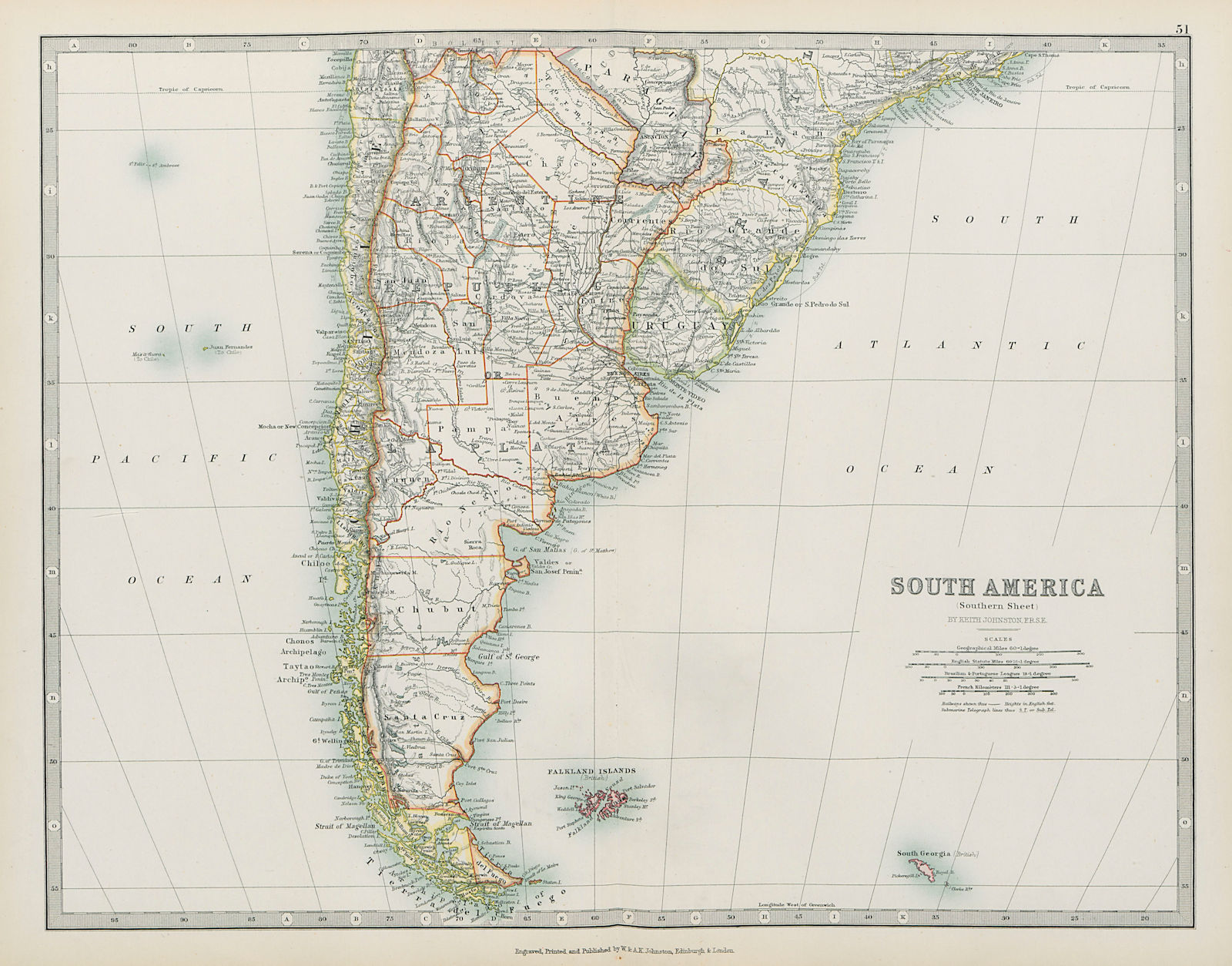 Associate Product SOUTH AMERICA SOUTHERN Chile Argentina Paraguay Uruguay JOHNSTON 1901 old map