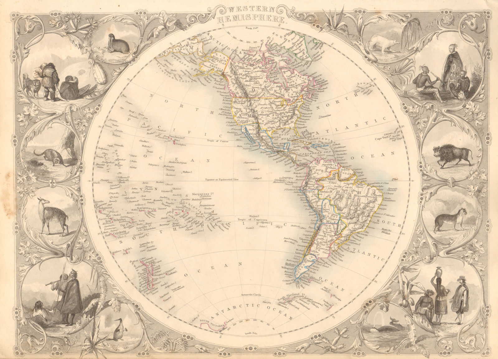 WESTERN HEMISPHERE showing Gran Colombia, Russian America RAPKIN/TALLIS 1851 map