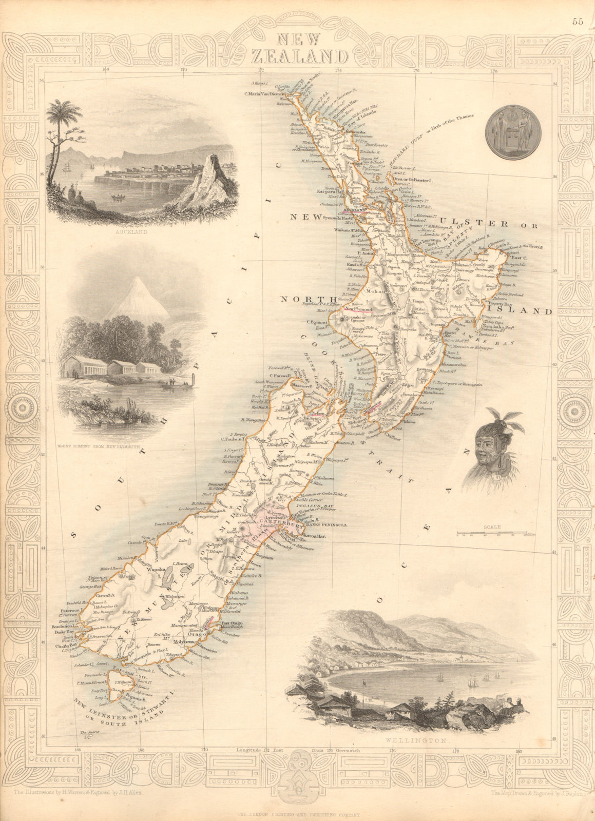 NEW ZEALAND showing NZ Company settlements in 1851. TALLIS & RAPKIN 1851 map