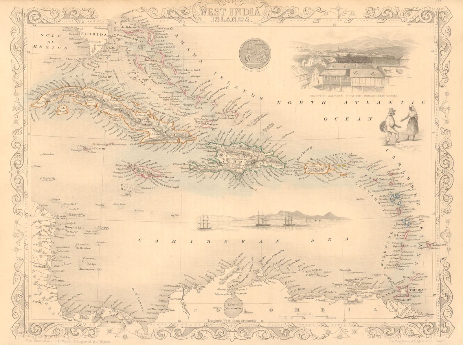 WEST INDIA ISLANDS. Antilles Caribbean Indies Bahamas. TALLIS & RAPKIN 1851 map