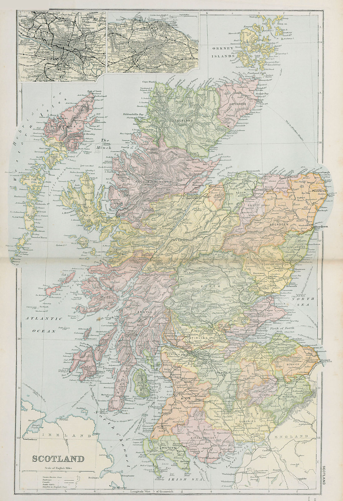 SCOTLAND. inset Glasgow & Edinburgh. BACON 1900 old antique map plan chart