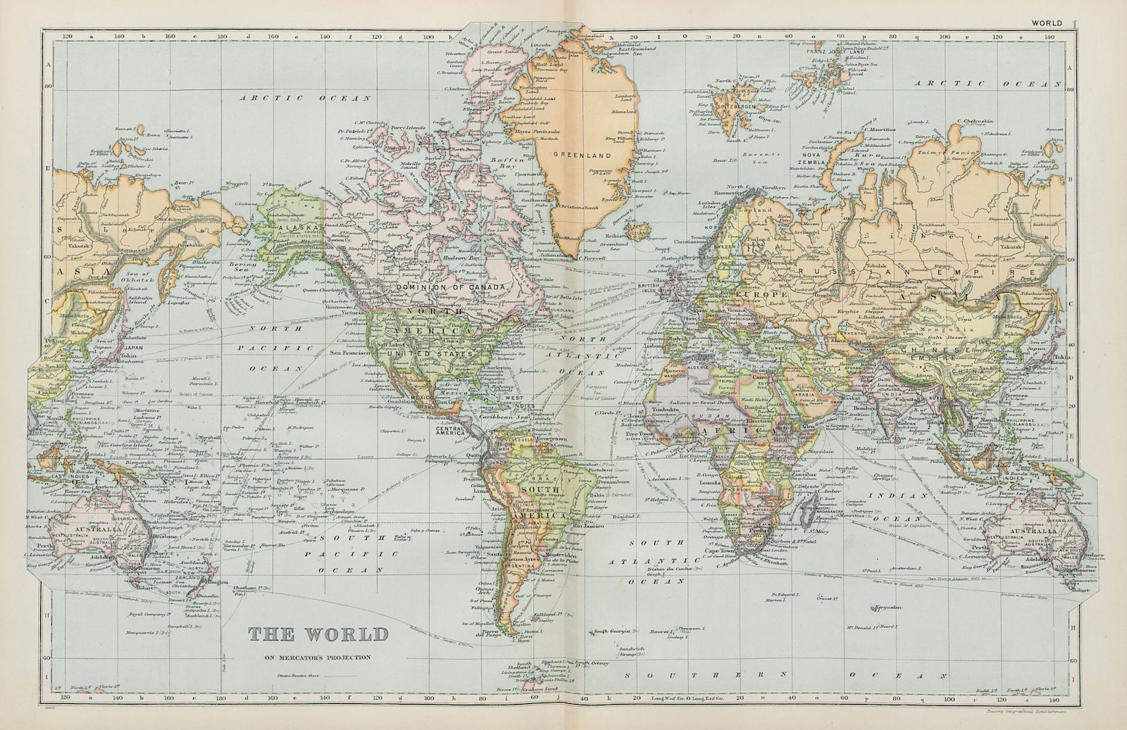 WORLD. on Mercator's Projection. Shipping routes. BACON 1900 old antique map
