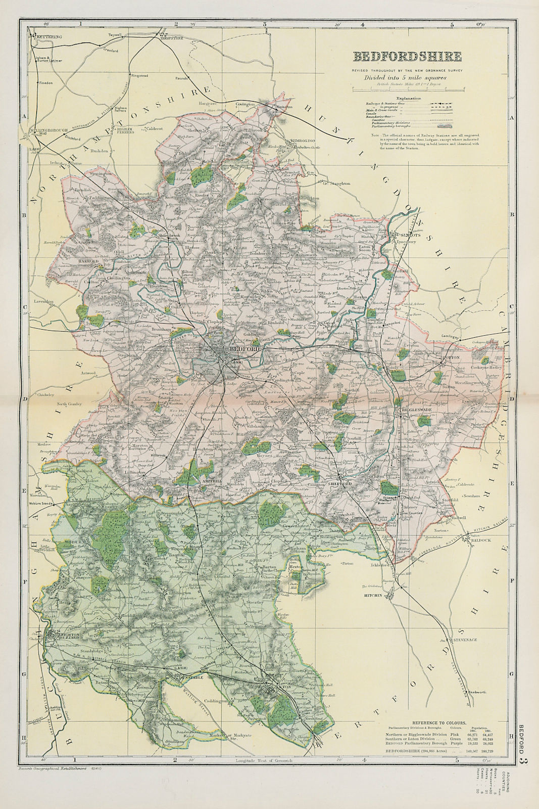 BEDFORDSHIRE. Showing Parliamentary divisions, boroughs & parks. BACON 1900 map