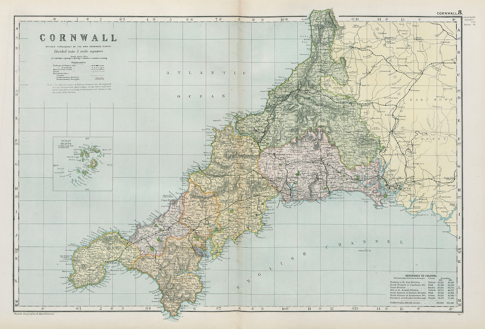 CORNWALL. Showing Parliamentary divisions, boroughs & parks. BACON 1900 map