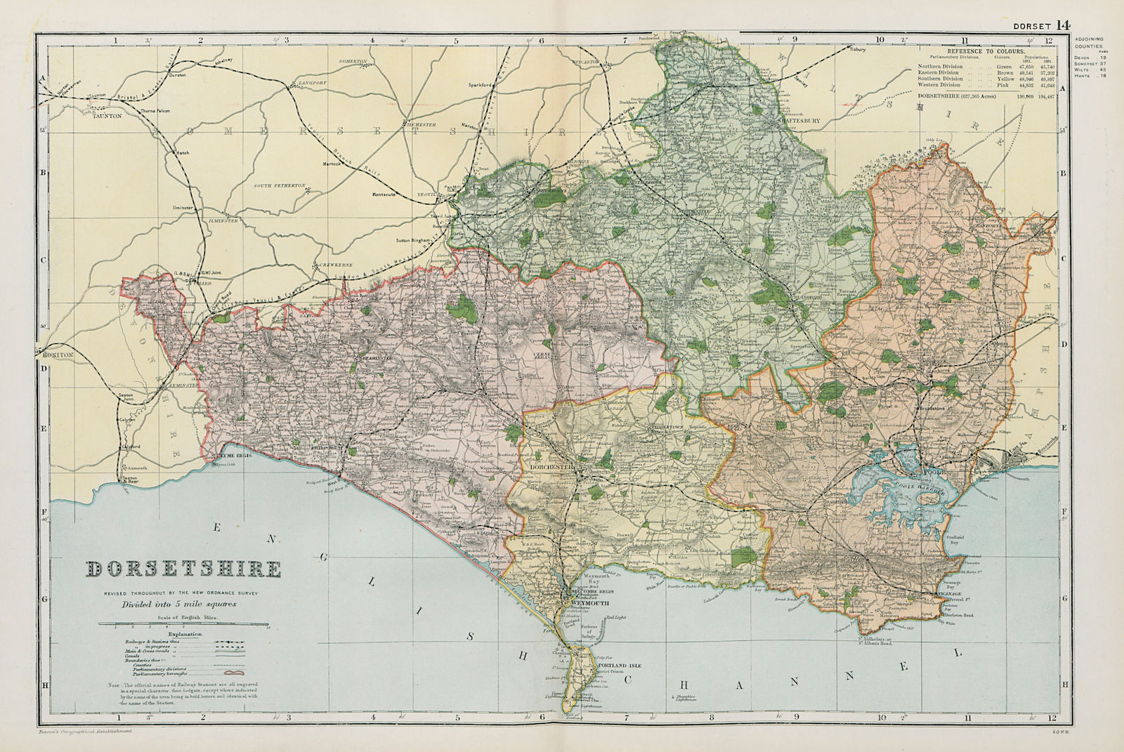 DORSETSHIRE. Parliamentary divisions, boroughs & parks. Dorset. BACON 1900 map
