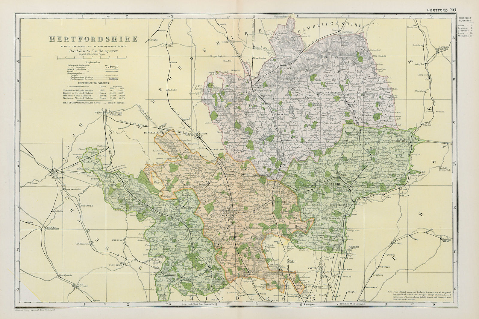 HERTFORDSHIRE. Showing Parliamentary divisions, boroughs & parks. BACON 1900 map