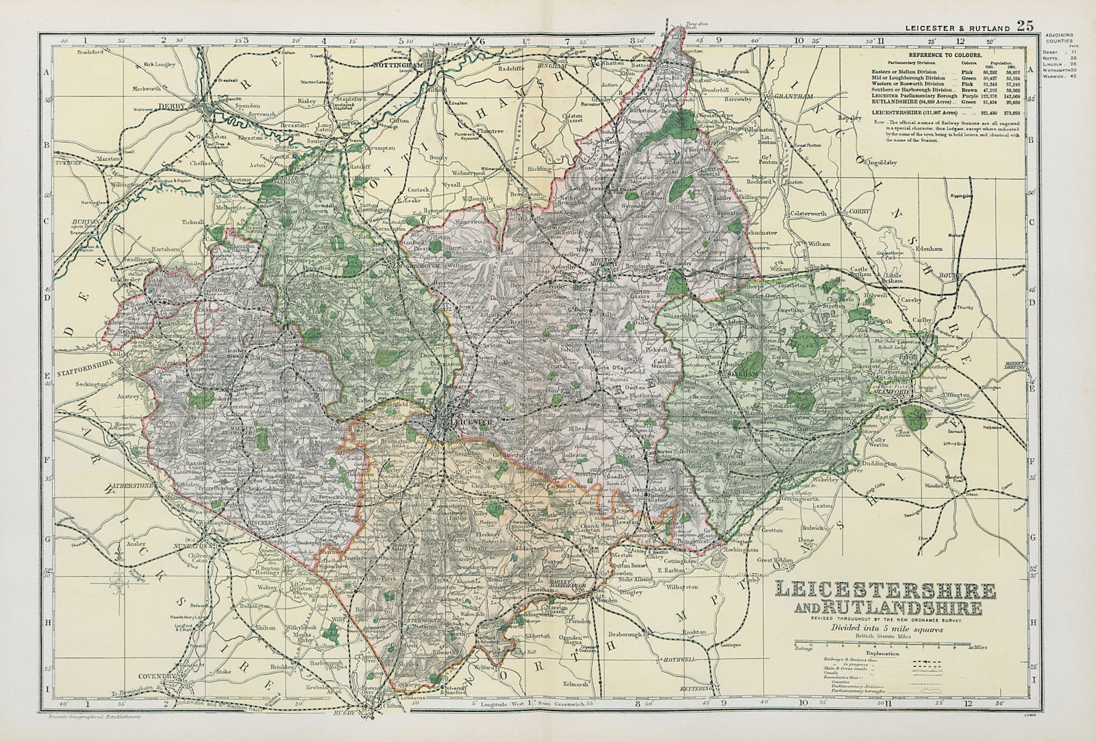 LEICESTERSHIRE AND RUTLANDSHIRE. Parliamentary divisions & parks. BACON 1900 map