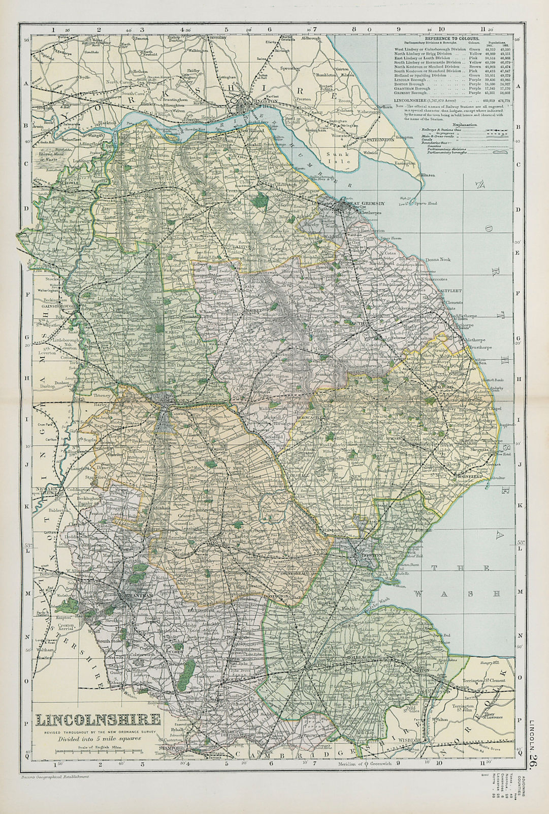 LINCOLNSHIRE. Showing Parliamentary divisions, boroughs & parks. BACON 1900 map