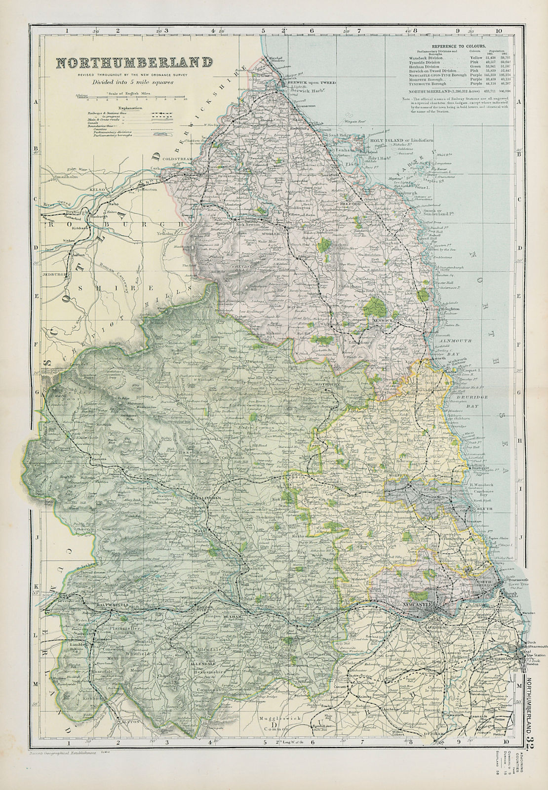 NORTHUMBERLAND.Showing Parliamentary divisions,boroughs & parks.BACON 1900 map