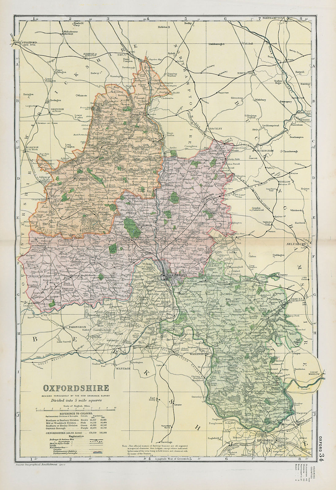 OXFORDSHIRE. Showing Parliamentary divisions, boroughs & parks. BACON 1900 map