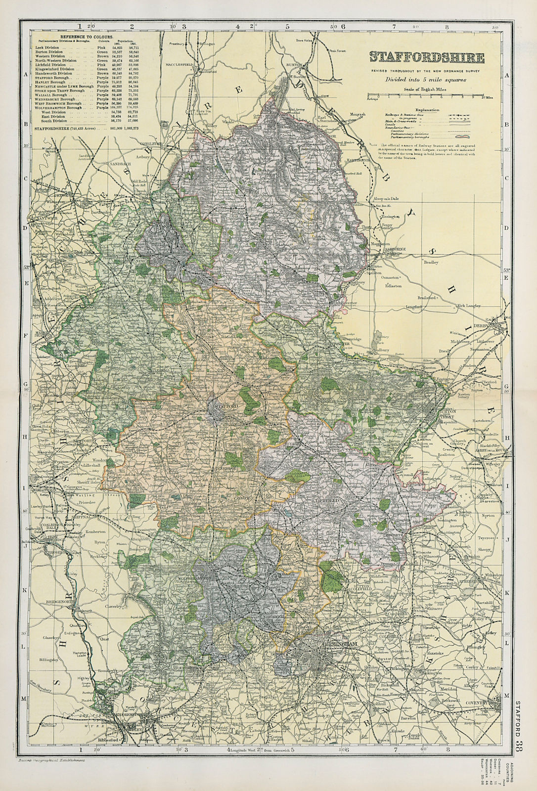 Associate Product STAFFORDSHIRE. Showing Parliamentary divisions, boroughs & parks. BACON 1900 map