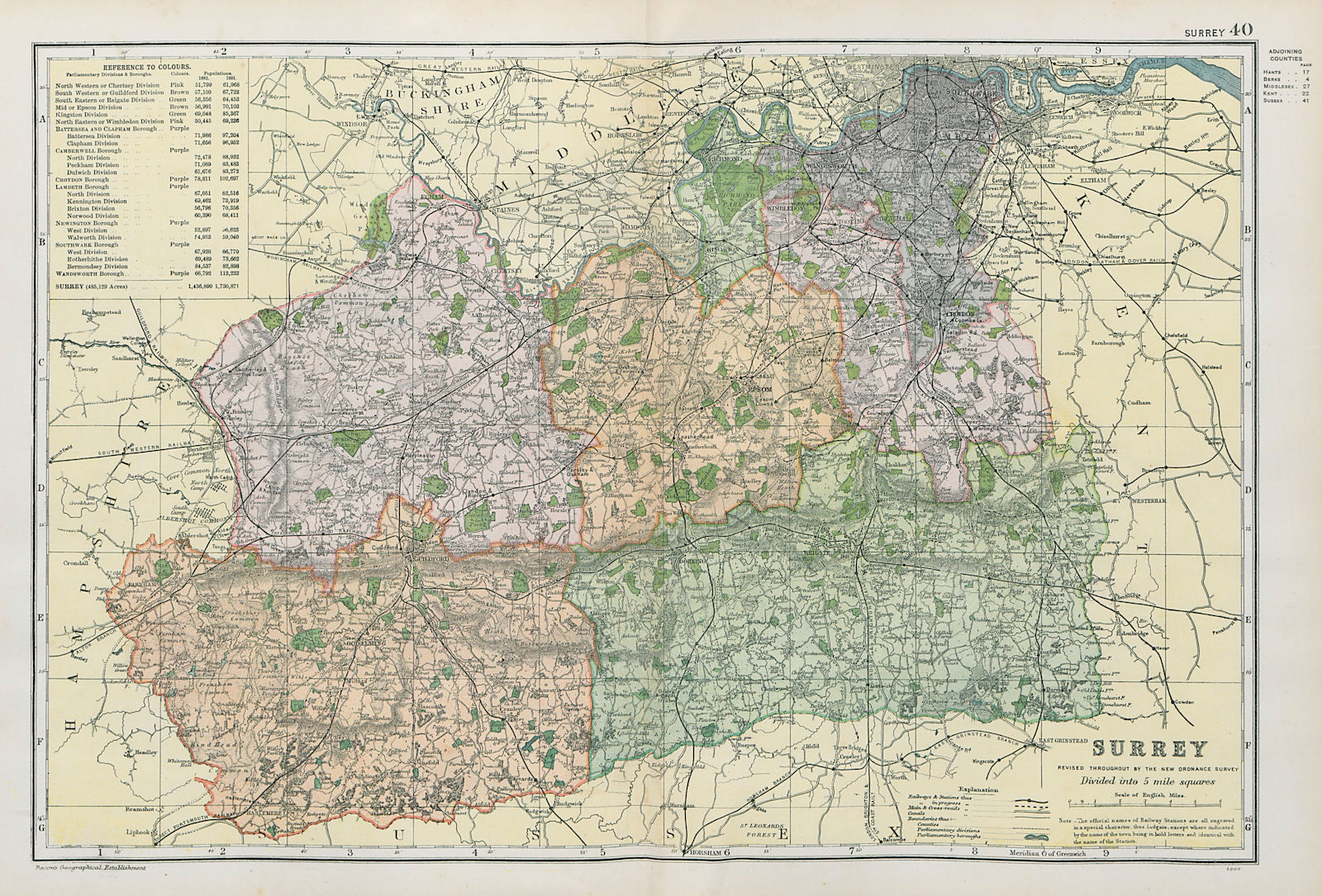 SURREY. Showing Parliamentary divisions, boroughs & parks. BACON 1900 old map