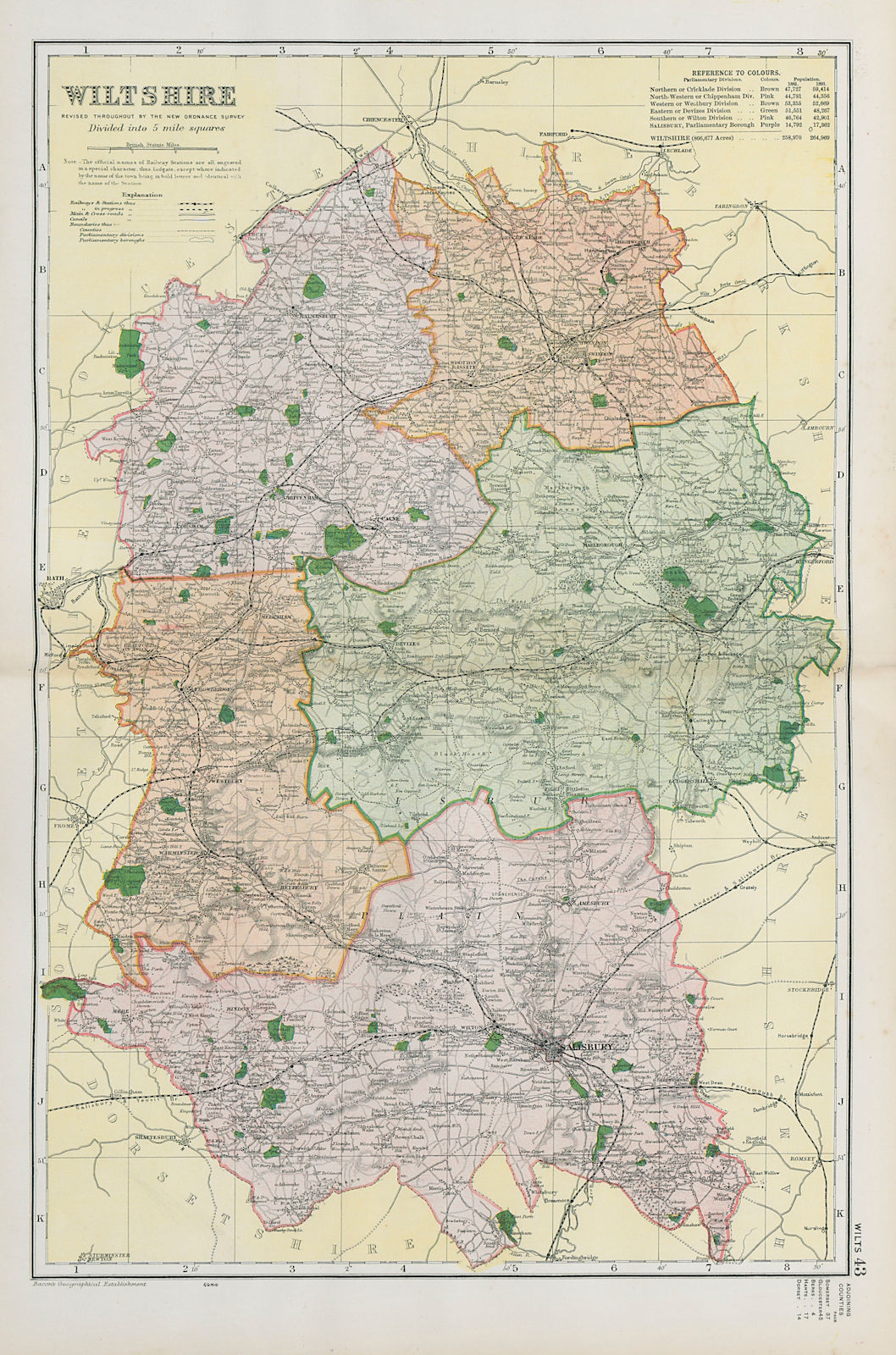 WILTSHIRE. Showing Parliamentary divisions, boroughs & parks. BACON 1900 map