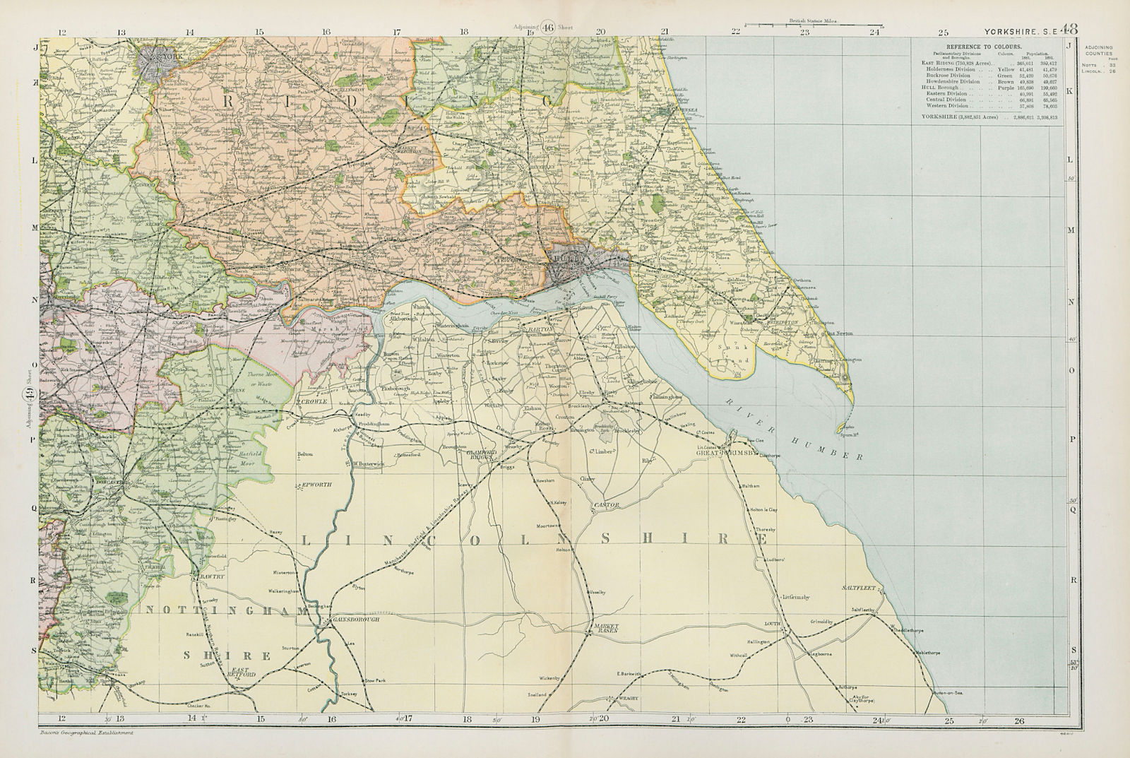 HUMBER ESTUARY.Yorkshire South East.Shows Parliamentary divisions.BACON 1900 map