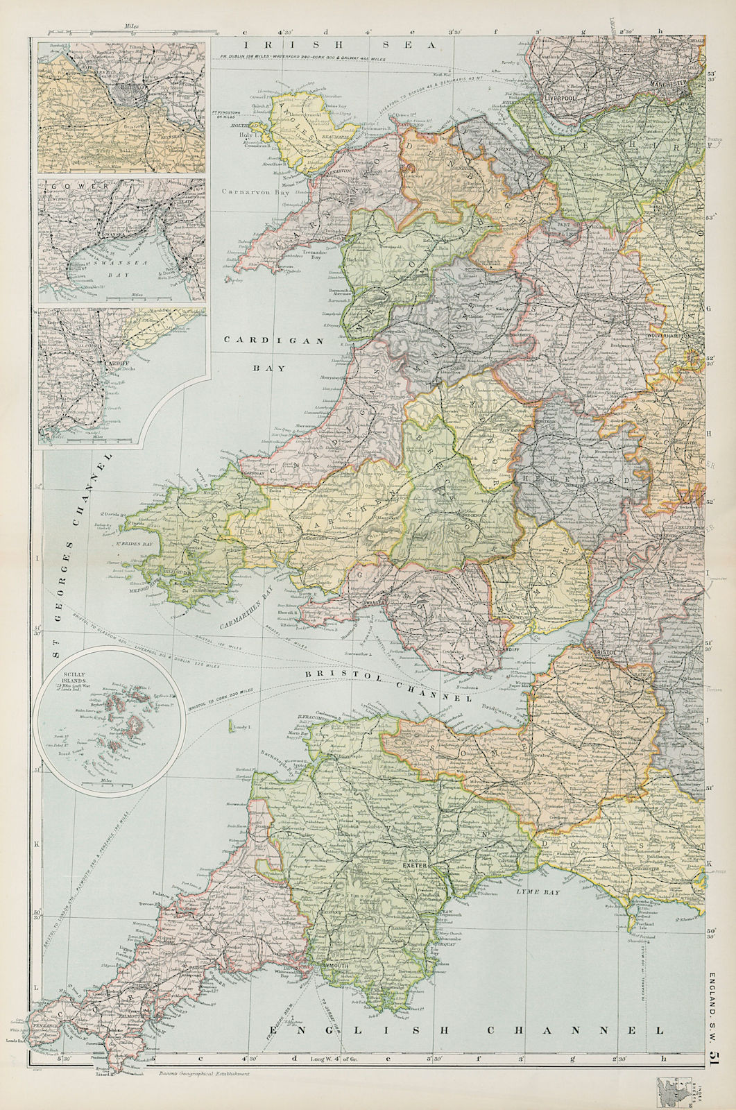 Associate Product WALES & SOUTH WEST ENGLAND. inset Bristol Swansea Cardiff. BACON 1900 old map
