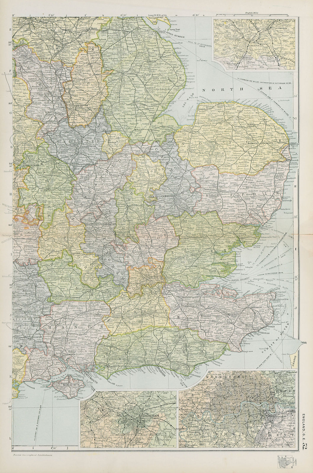 ENGLAND EAST. inset Sheffield Birmingham & London. BACON 1900 old antique map