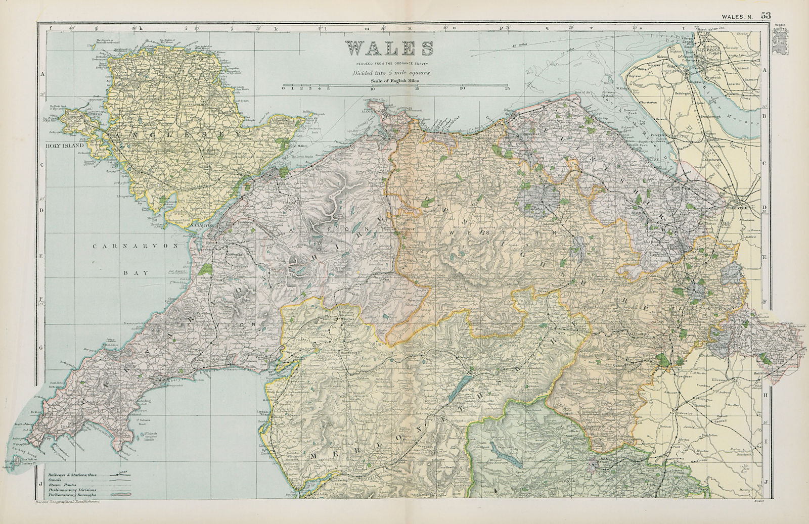 NORTH WALES/SNOWDONIA. Anglesey Carnarvon/Denbigh/Flintshire. BACON 1900 map