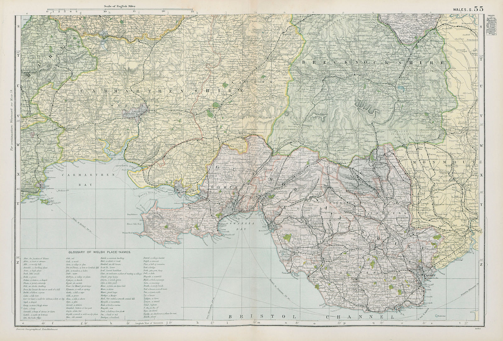 SOUTH WALES VALLEYS/BRECON BEACONS.Glamorgan Brecknock Carmarthen.BACON 1900 map