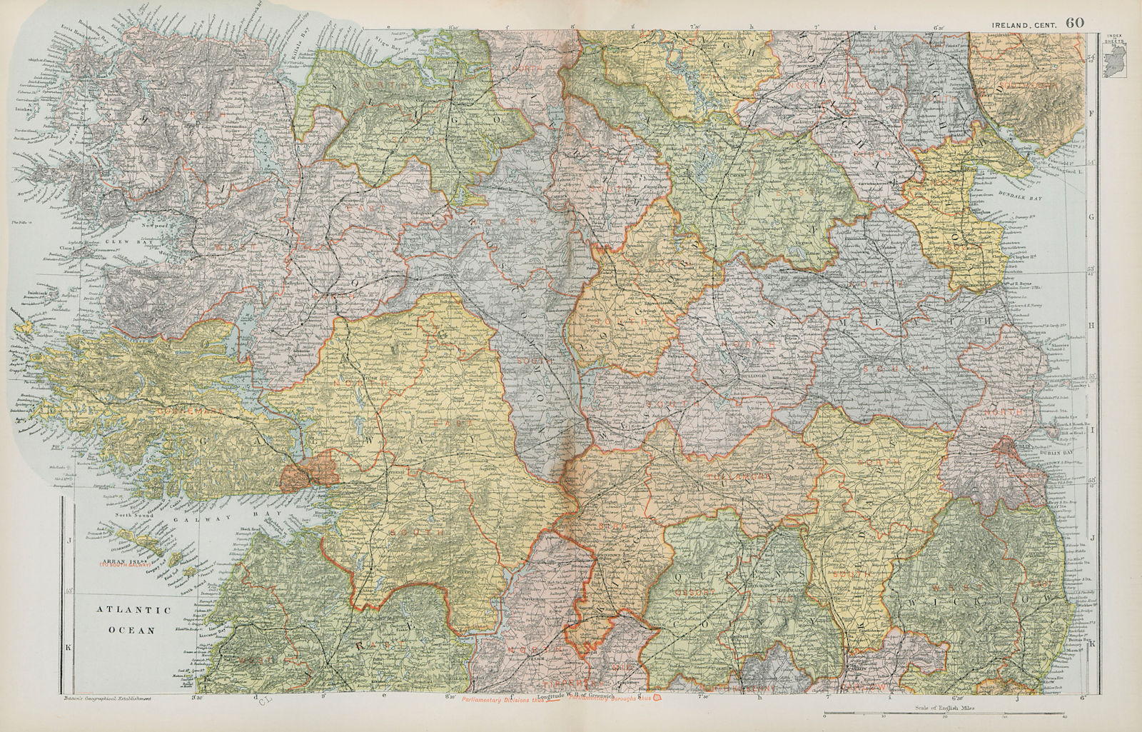 Associate Product CENTRAL IRELAND. Showing parliamentary divisions & boroughs. BACON 1900 map
