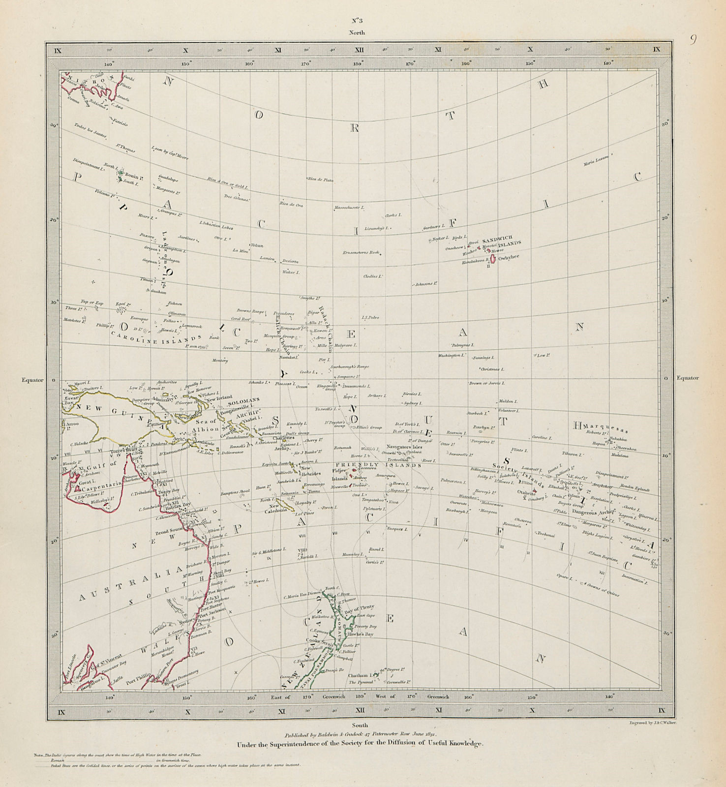 AUSTRALASIA POLYNESIA PACIFIC OCEAN NZ Gnomonic Projection SDUK 1844 old map