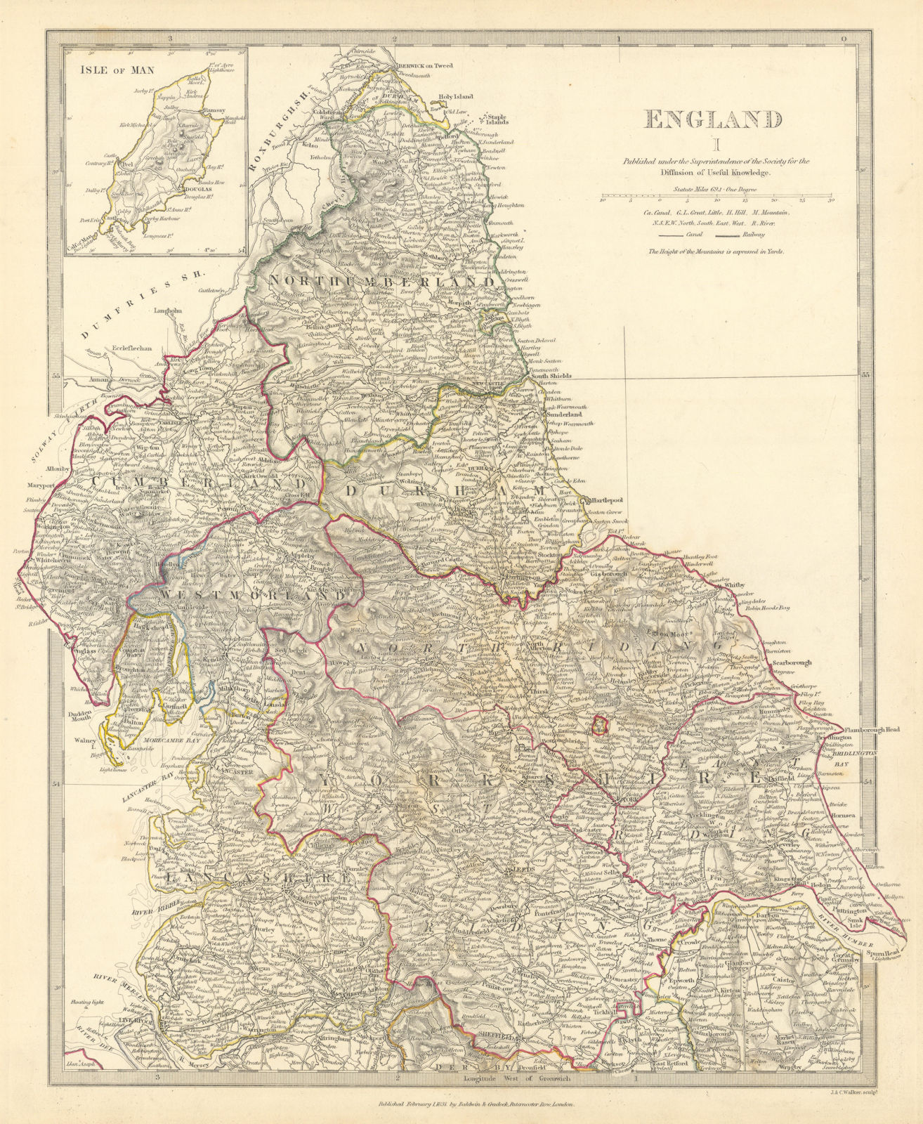 NORTHERN ENGLAND Yorkshire Lake District Durham Northumbs Lancs SDUK 1844 map