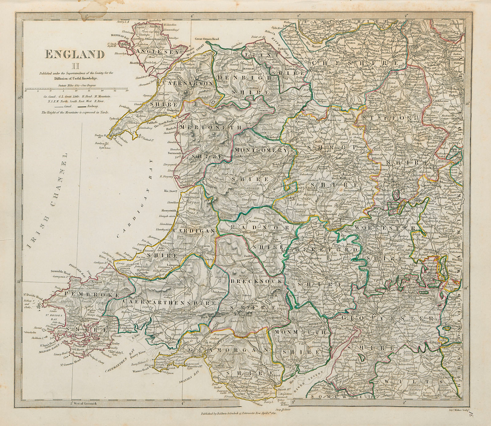 WALES & ENGLAND WEST MIDLANDS with counties Original colour SDUK 1844 old map