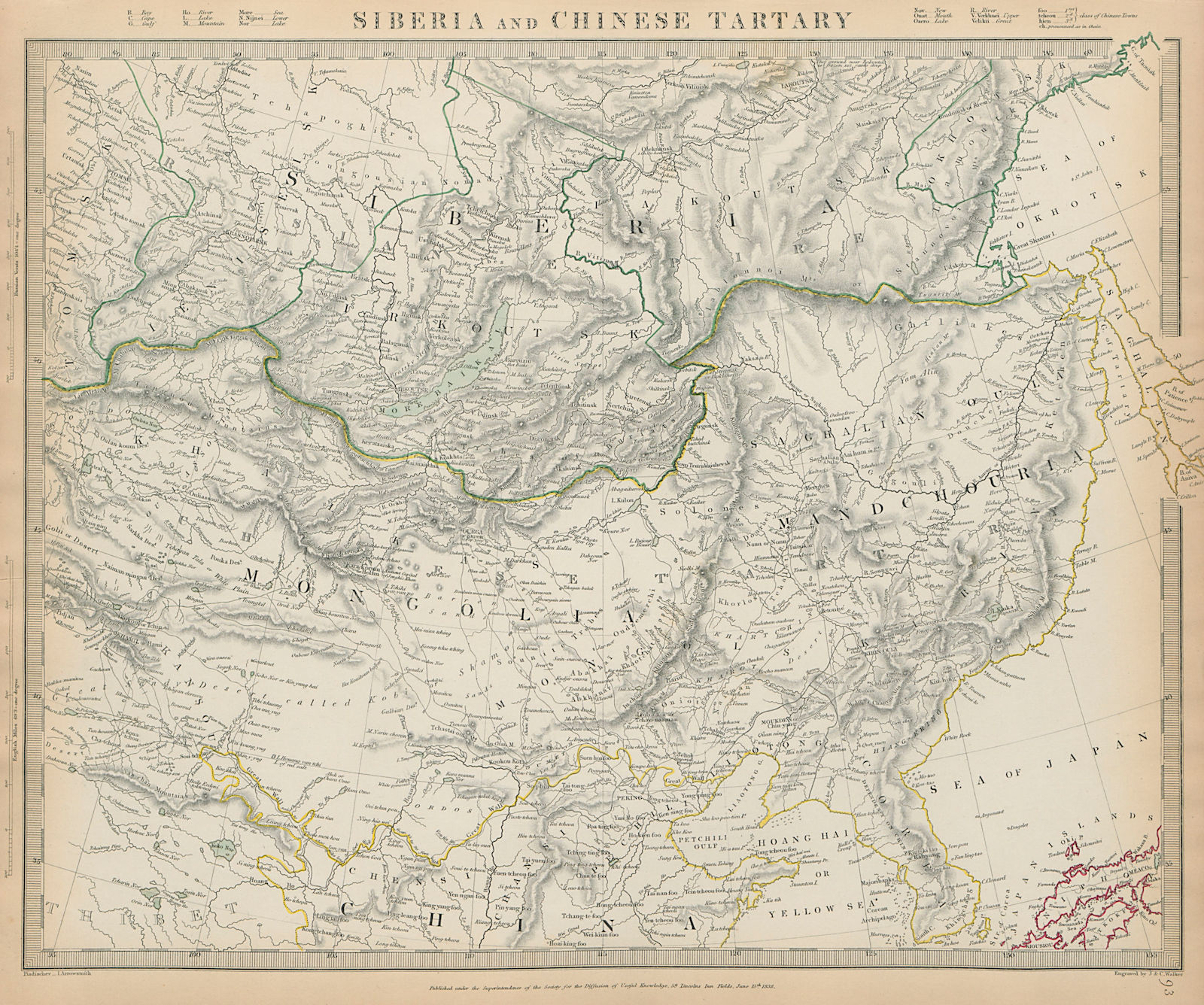 SIBERIA & CHINESE TARTARY Mongolia Manchuria Korea China SDUK 1844 old map