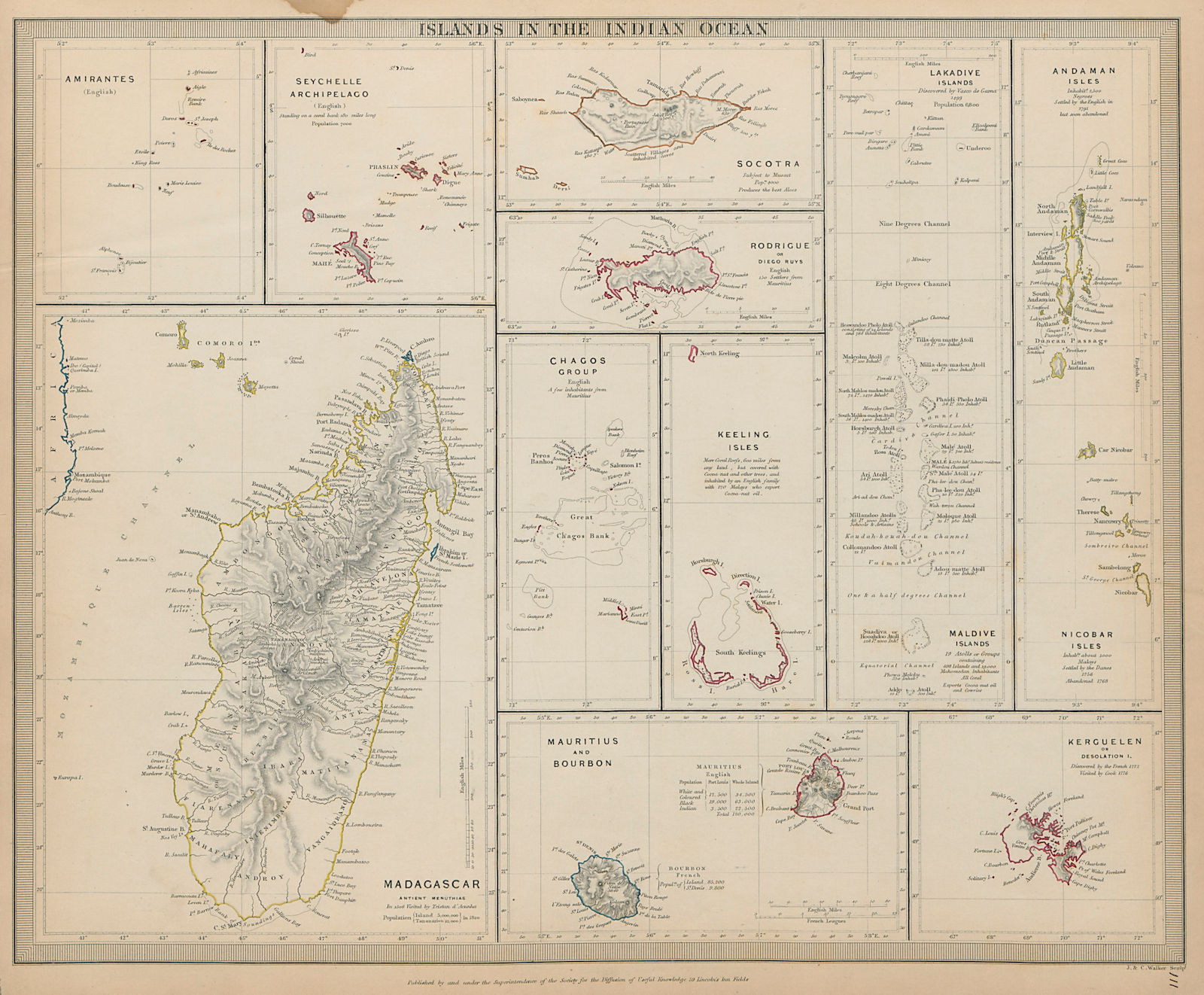 Associate Product INDIAN OCEAN Madagascar Maldives Seychelles Mauritius Réunion SDUK 1844 map