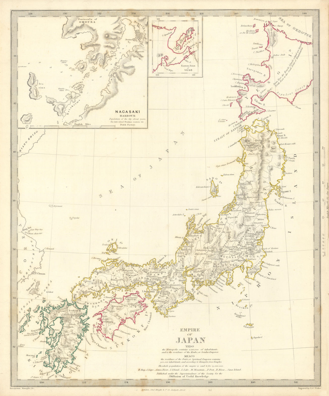 Associate Product EMPIRE OF JAPAN  Nagasaki Harbour Yeso Niphon Nippon SDUK 1844 old antique map