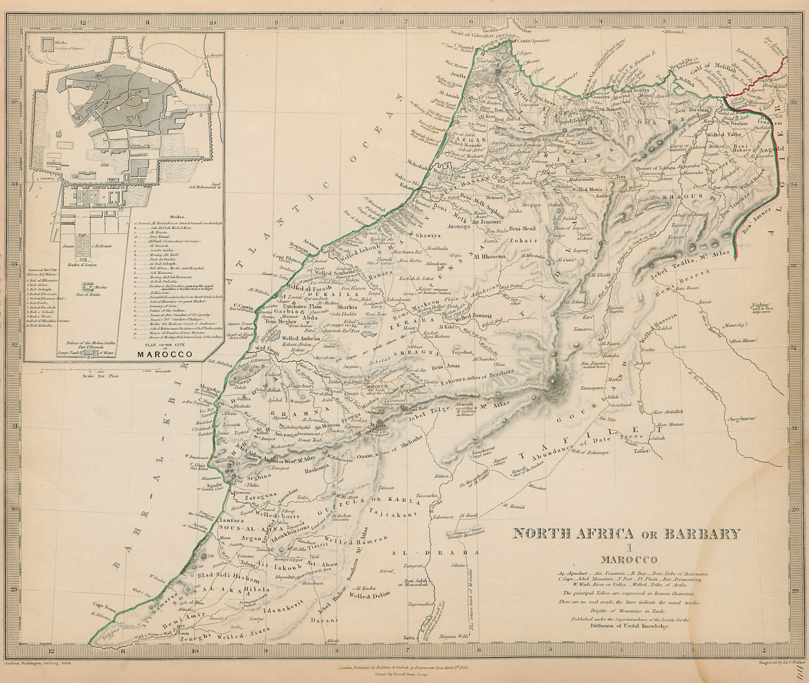 MOROCCO 'North Africa or Barbary' Marocco Marrakech city plan SDUK 1844 map
