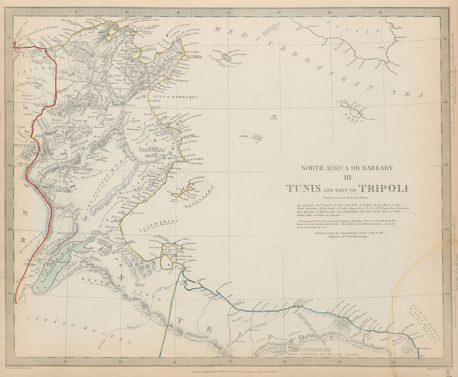 NORTH AFRICA or BARBARY. Tunis & part of Tripoli. Tunisia Libya. SDUK 1844 map