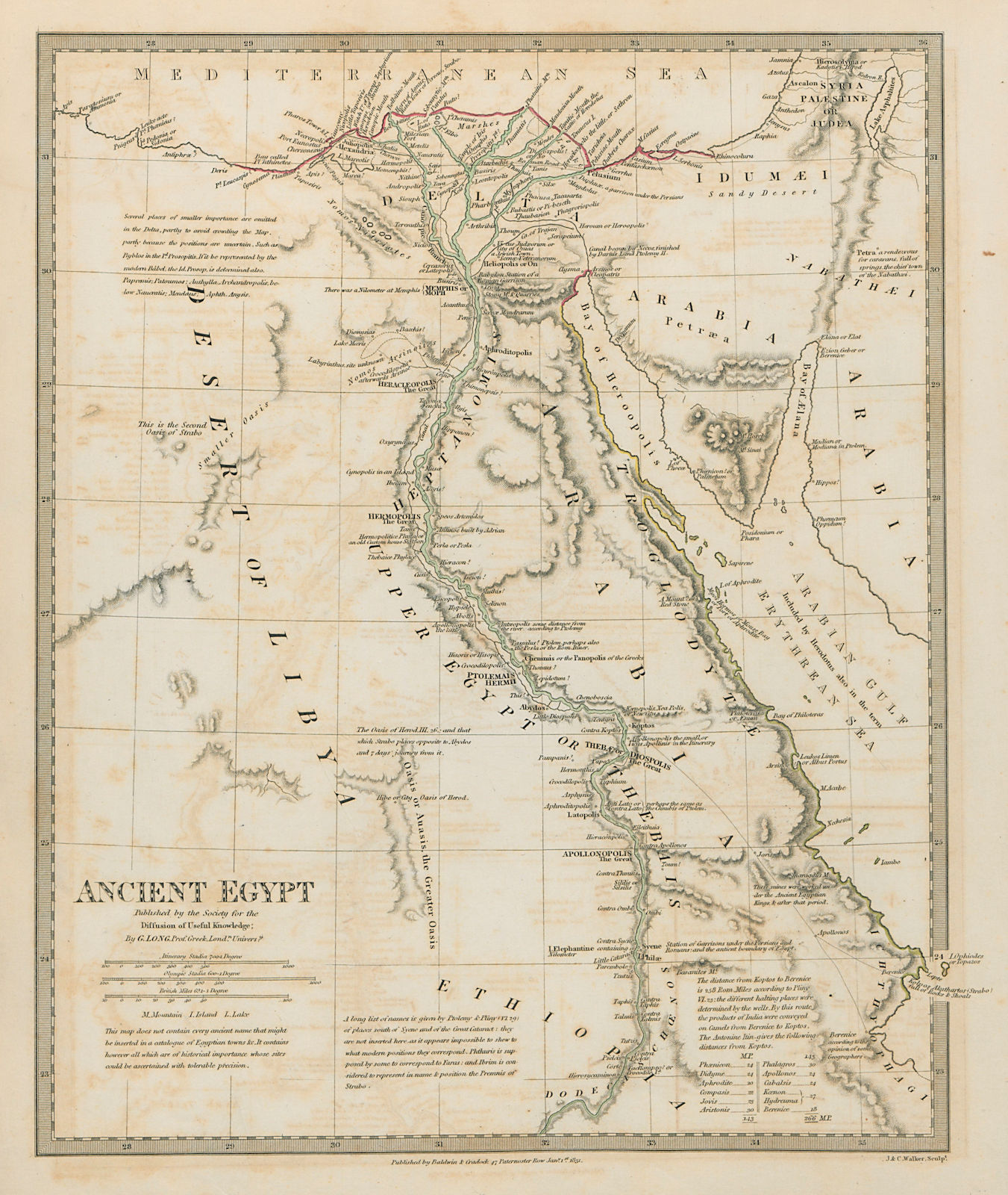 NILE VALLEY & ANCIENT EGYPT. Original outline colour SDUK 1844 old antique map