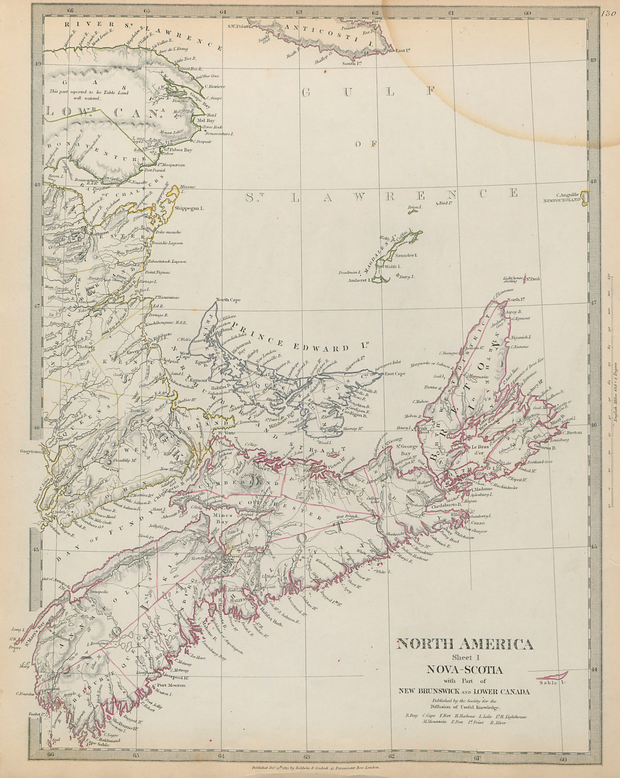 NOVA SCOTIA & New Brunswick Quebec PEI Canada Maritimes SDUK 1844 old map