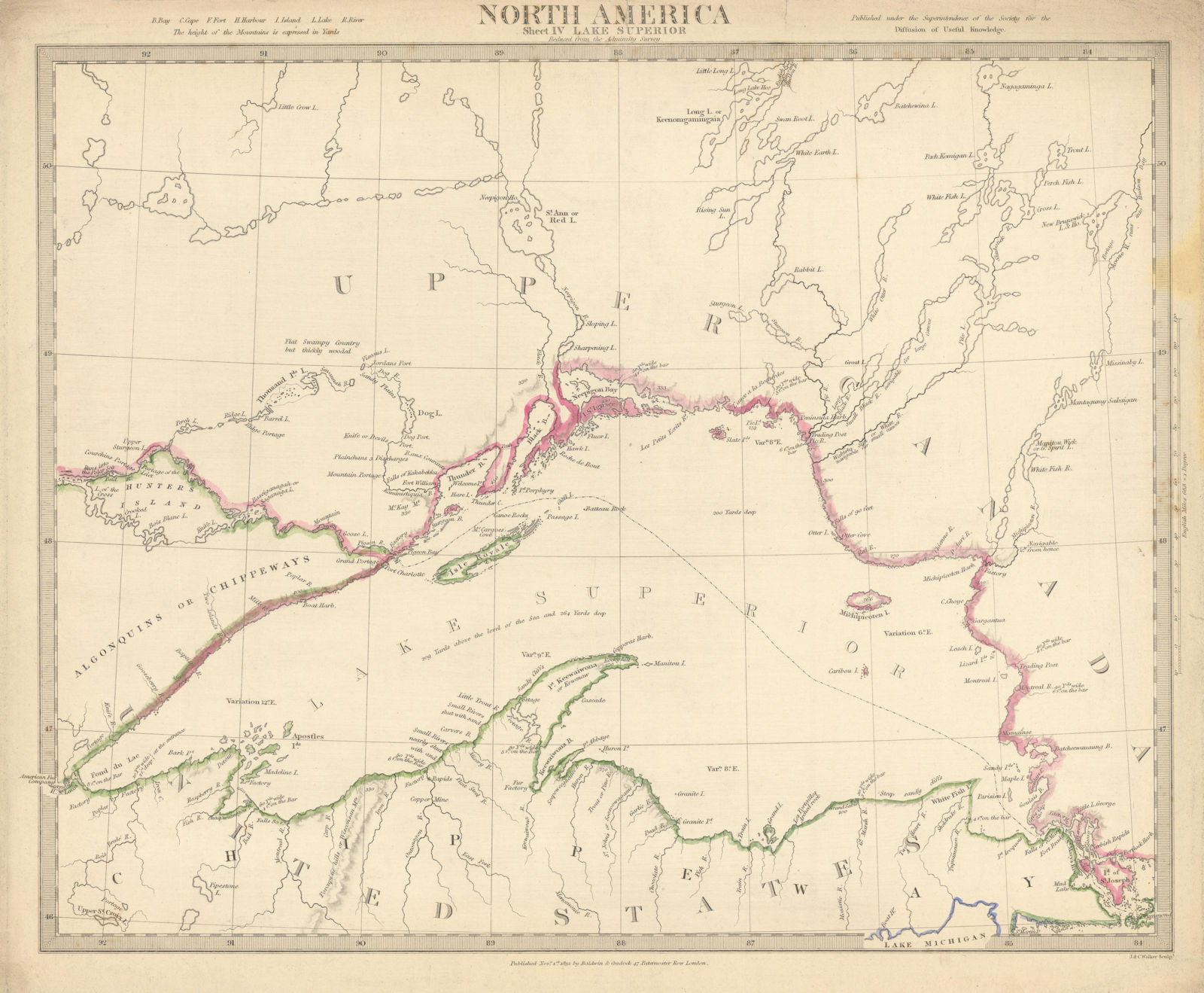 LAKE SUPERIOR USA/Canada Ontario Chippewa Michigan Indian tribes SDUK 1844 map