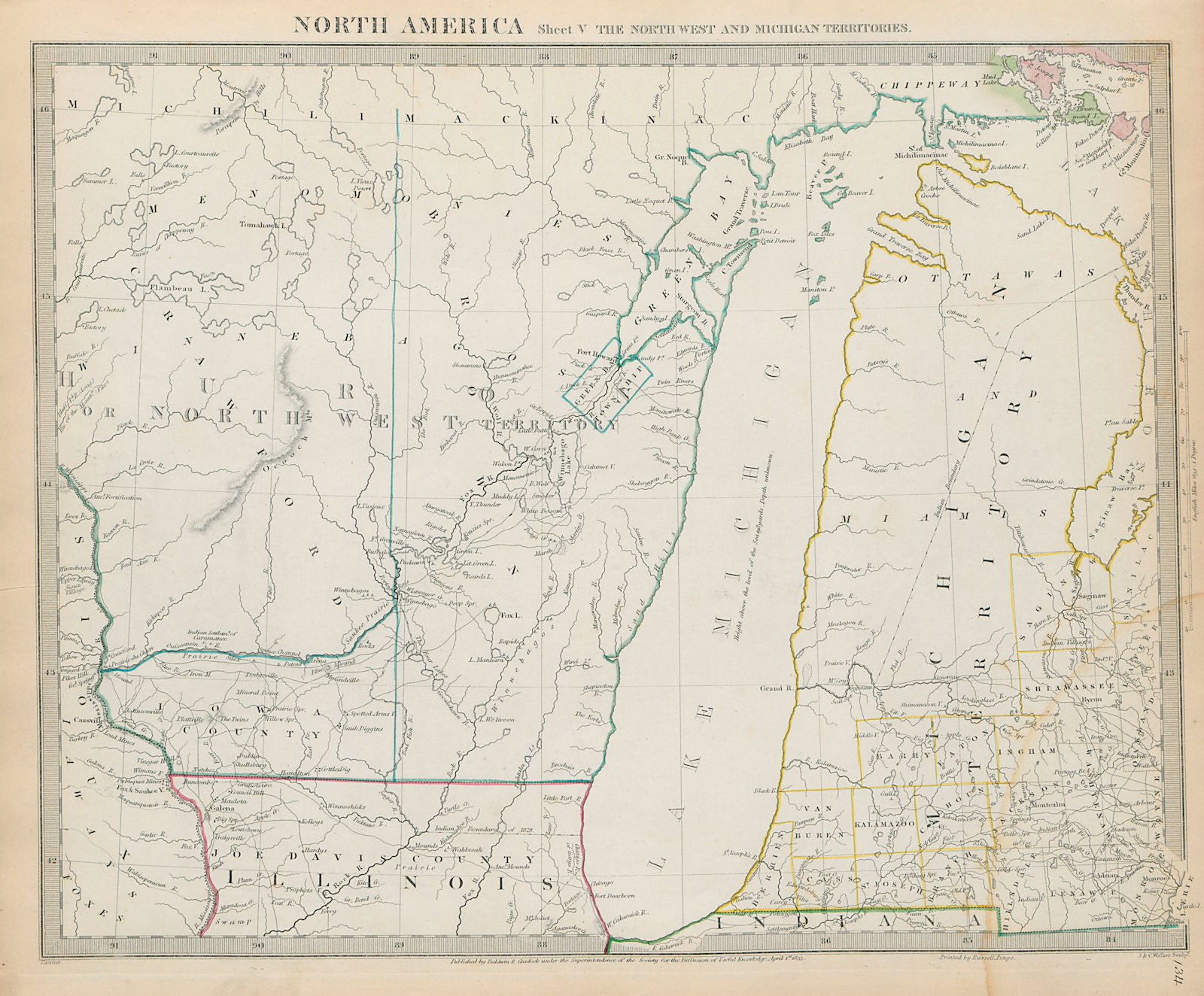 LAKE MICHIGAN Wisconsin Northwest Territory Indian tribes villages SDUK 1844 map
