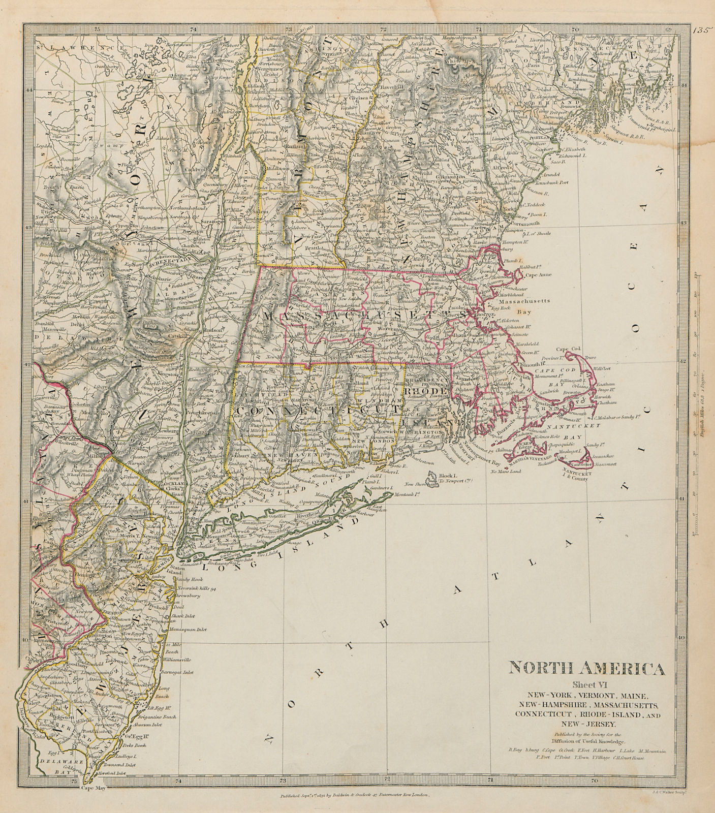New York/Jersey/England. Maine Massachusetts Connecticut NH RI VT SDUK 1844 map