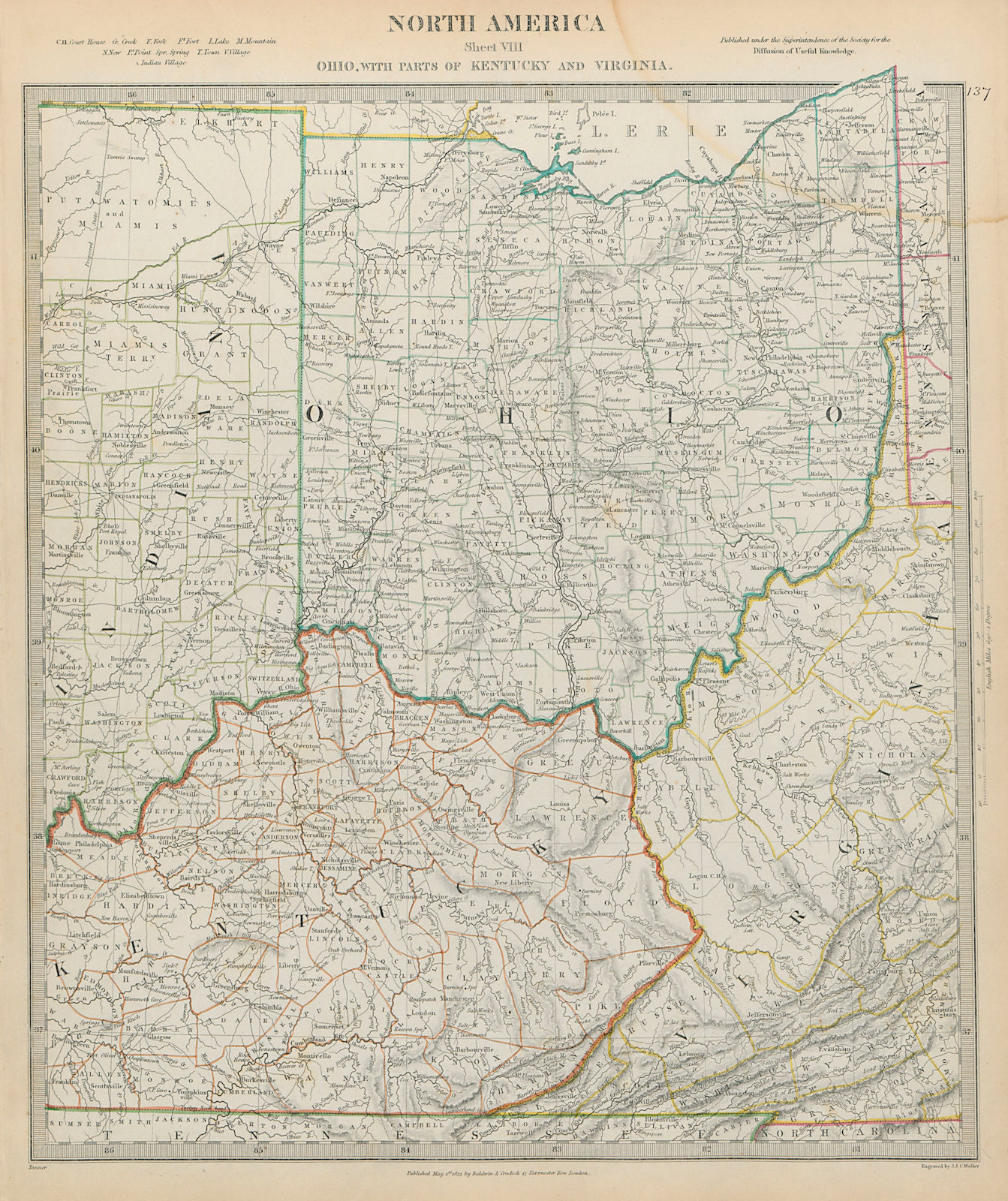 Associate Product Ohio with parts of Kentucky, Virginia & Indiana. USA. Counties SDUK 1844 map