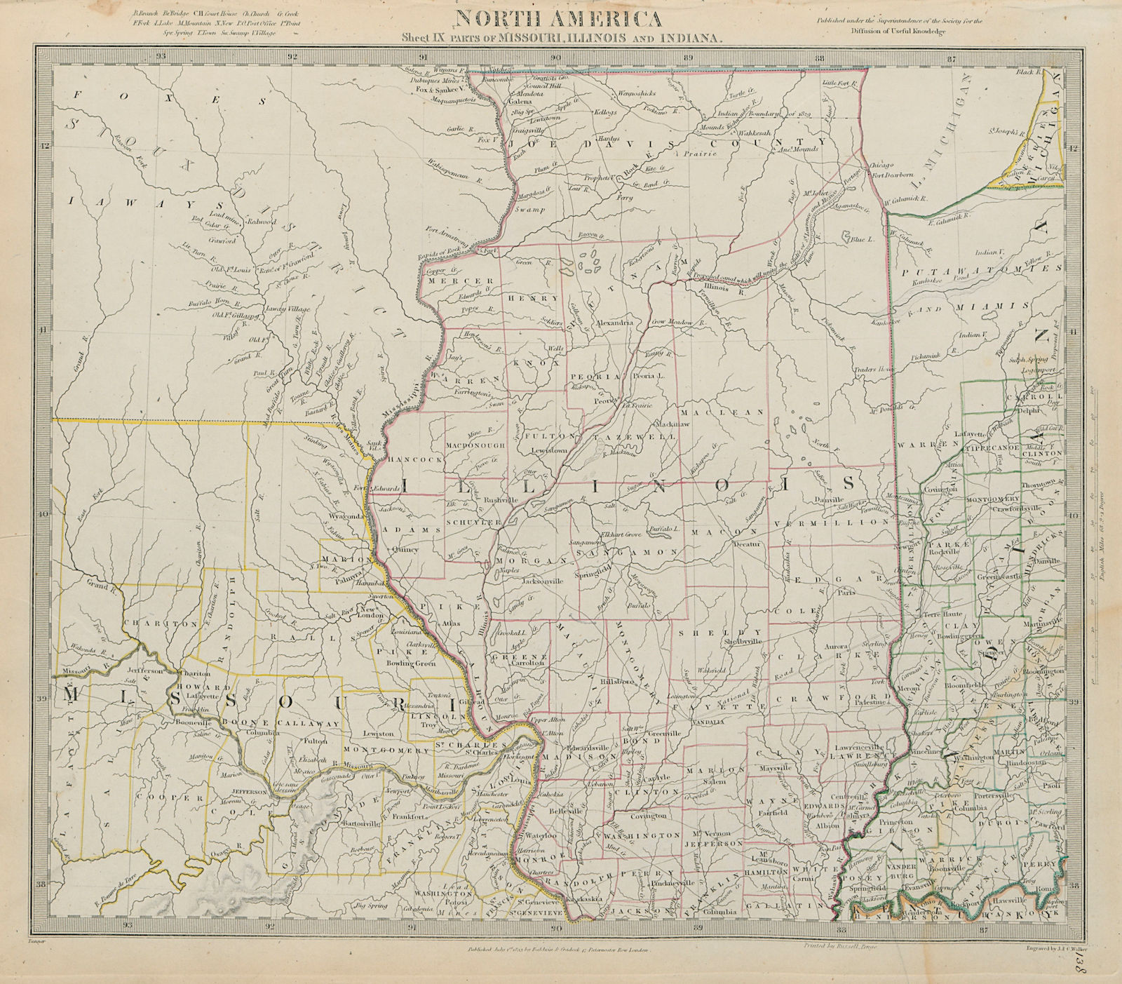 Associate Product USA Missouri Illinois Indiana. Indian villages tribes borders SDUK 1844 map