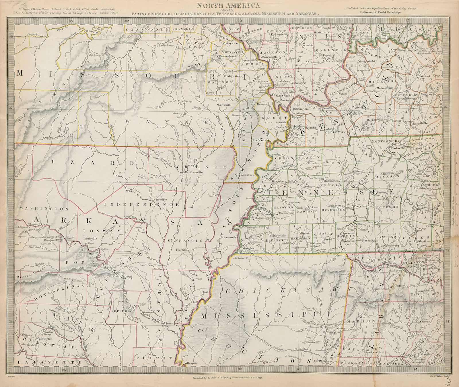 Mississippi basin. Arkansas Missouri. Choctaw Chickasaw boundaries SDUK 1844 map