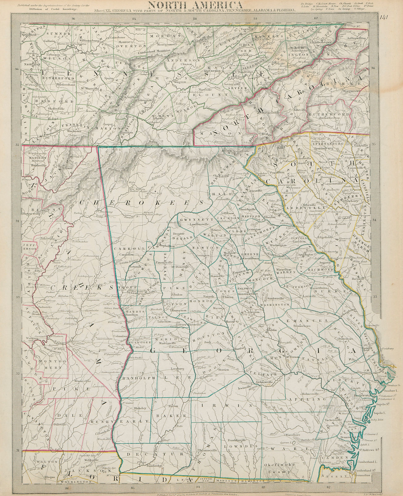 USA Georgia Alabama Cherokee & Muscogee villages TN NC SC FL SDUK 1844 old map