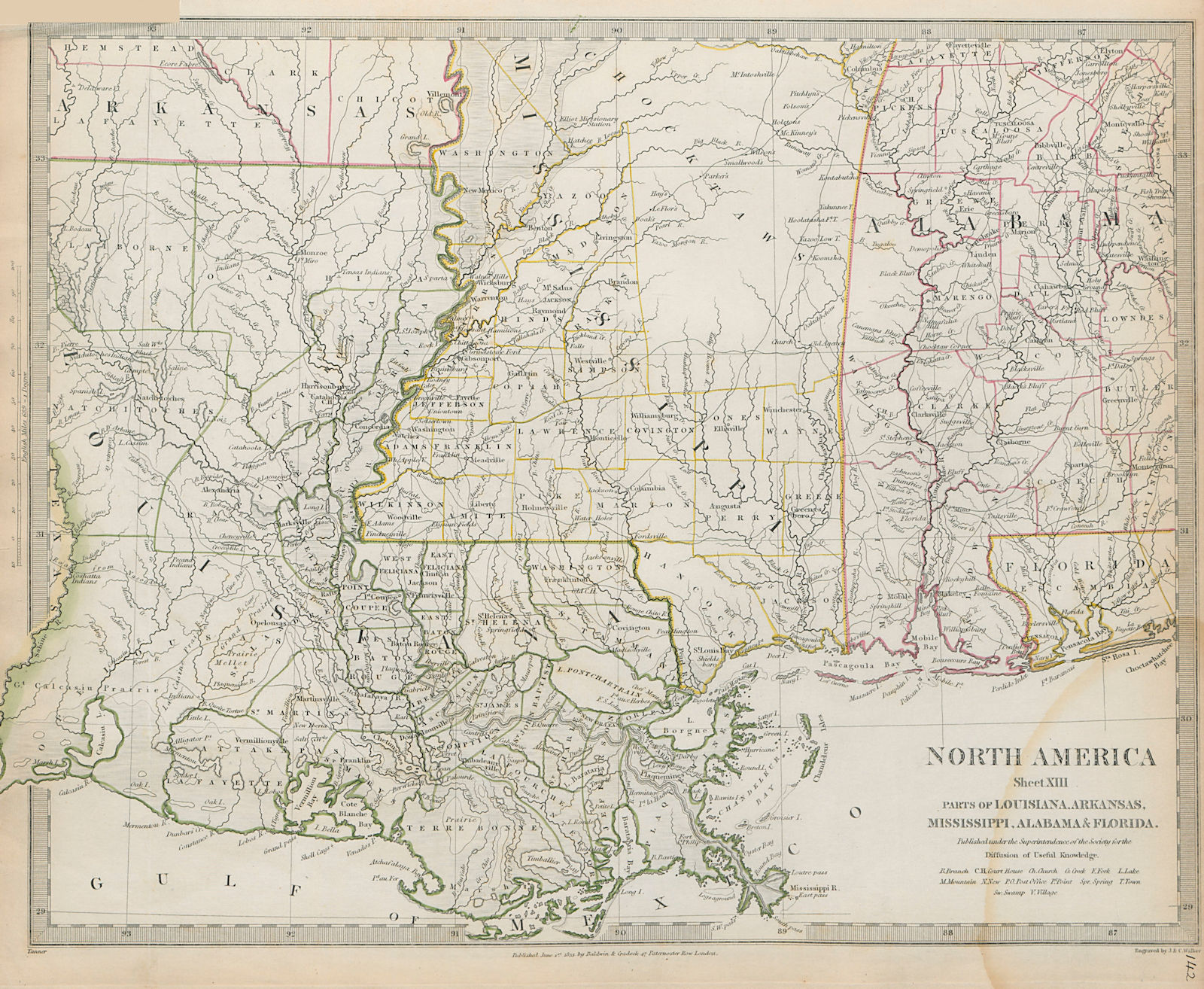 US GULF COAST Louisiana Mississippi FL Alabama Indian villages SDUK 1844 map
