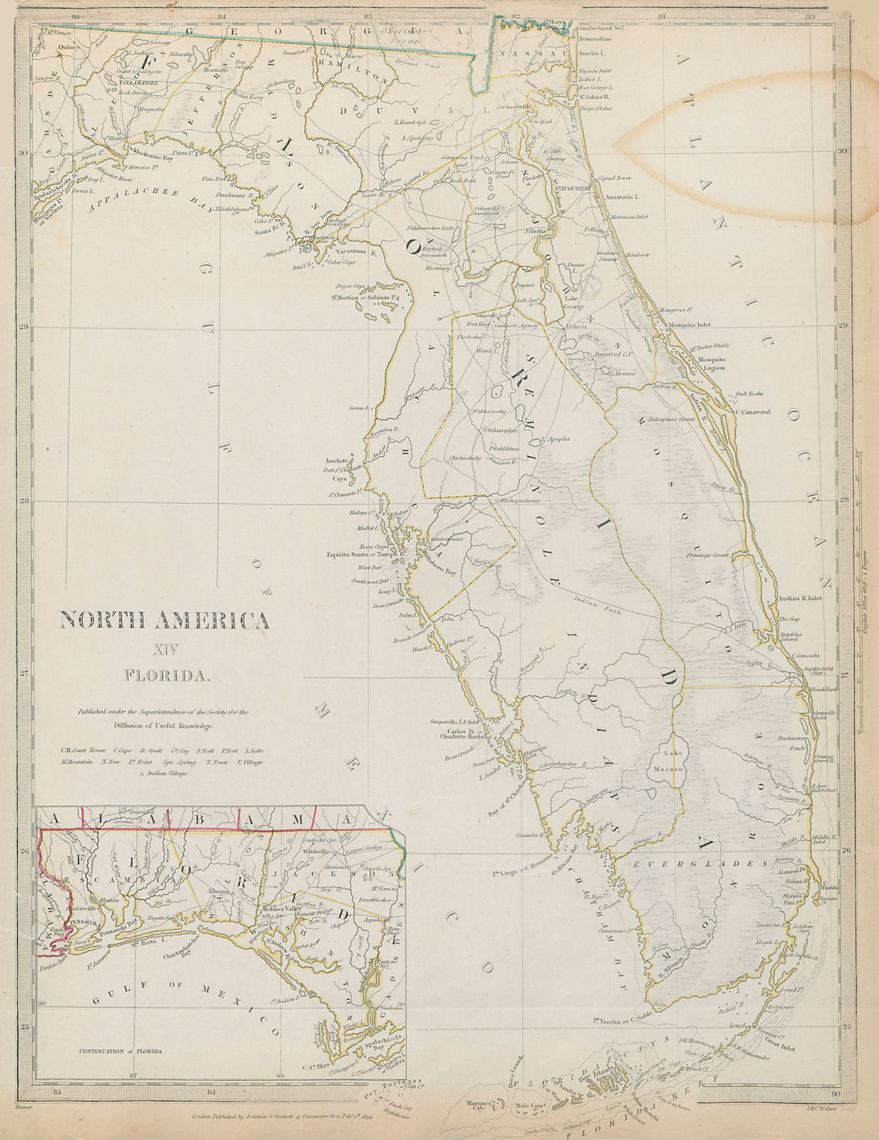 FLORIDA. Shows Seminole Indian villages & reservation St Augustine SDUK 1844 map