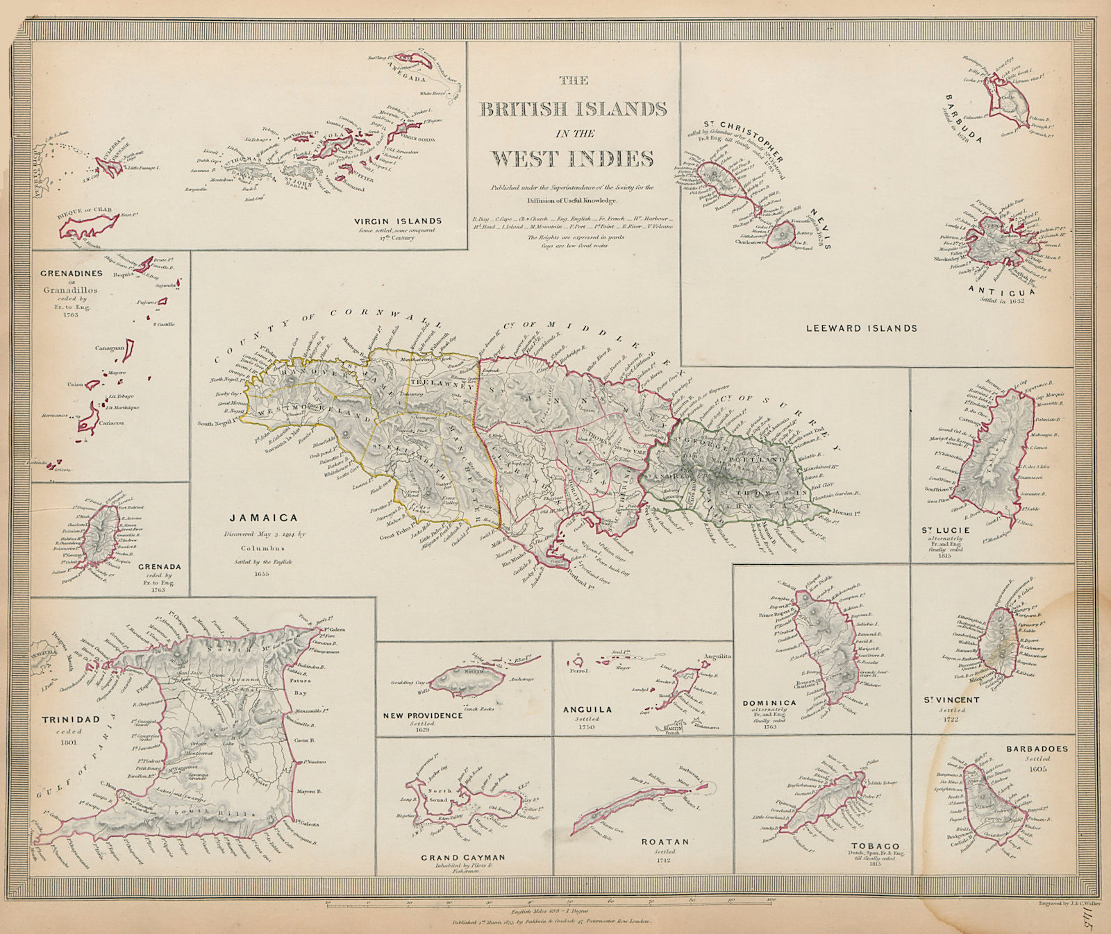 BRITISH WEST INDIES Jamaica Virgin Cayman Leeward Islands Trinidad SDUK 1844 map